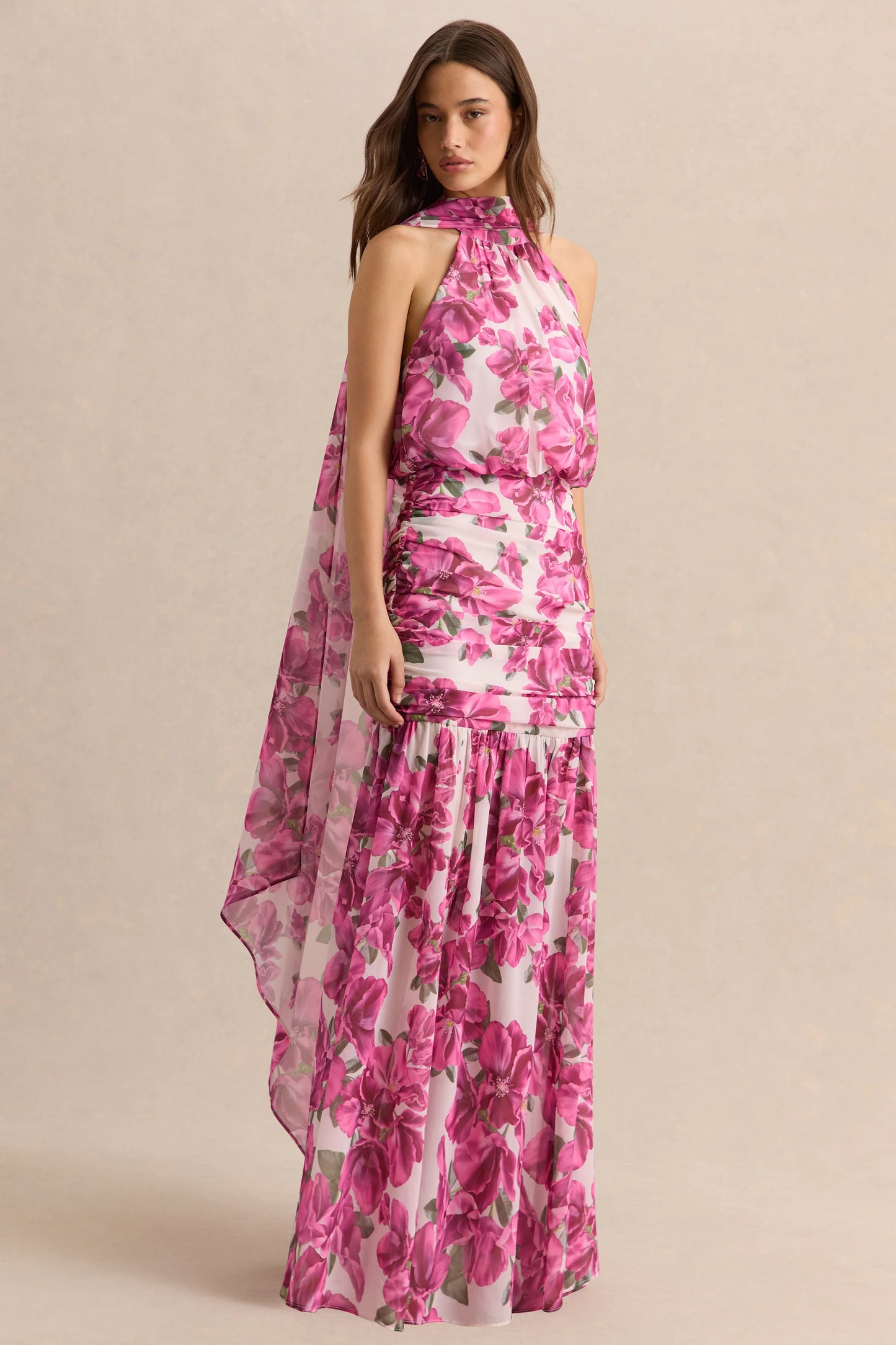 Veronique Pink Hibiscus Floral Halter-Neck Maxi Dress