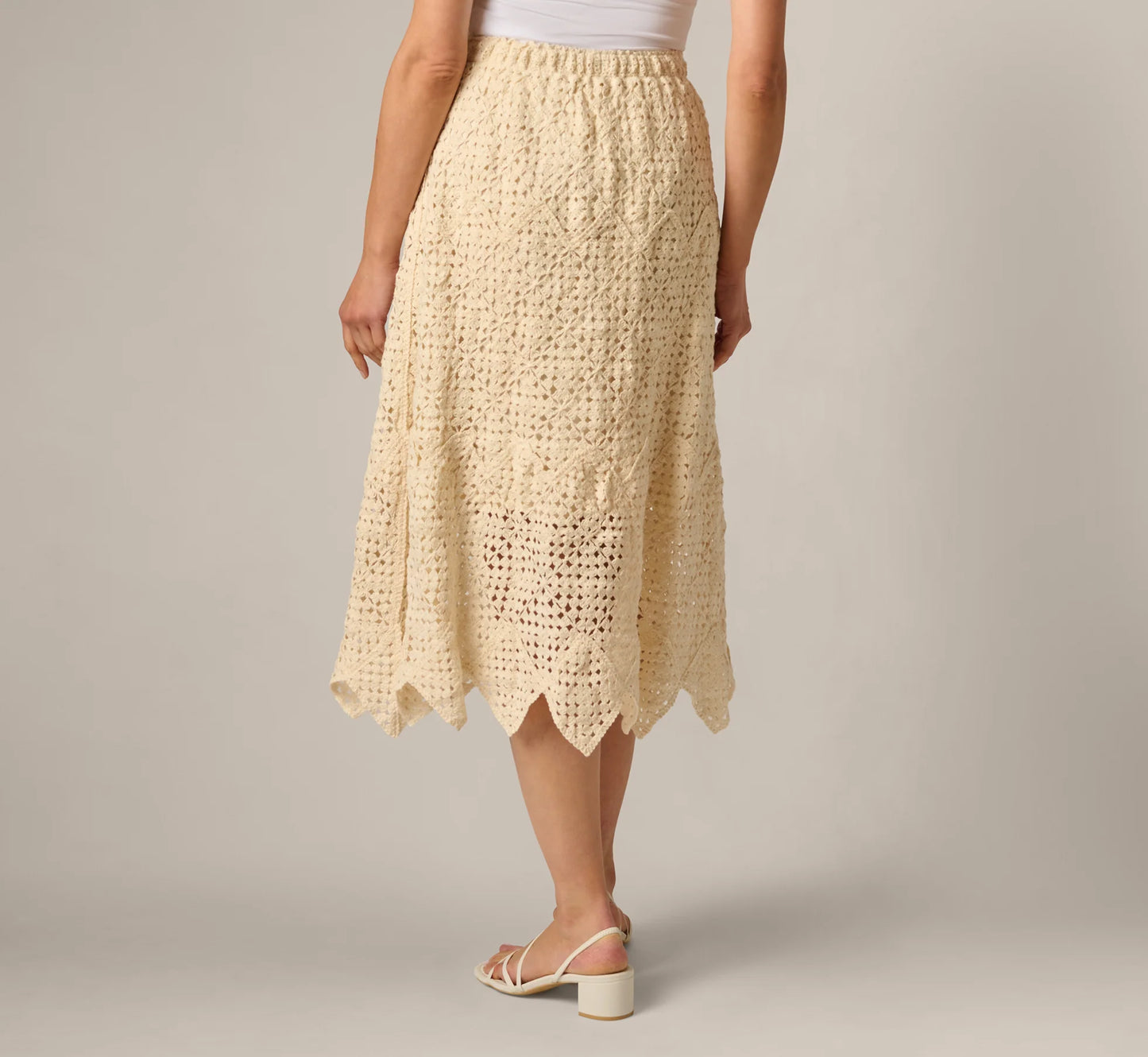 Crochet Knit Dagger Hem Midi Skirt In Cream