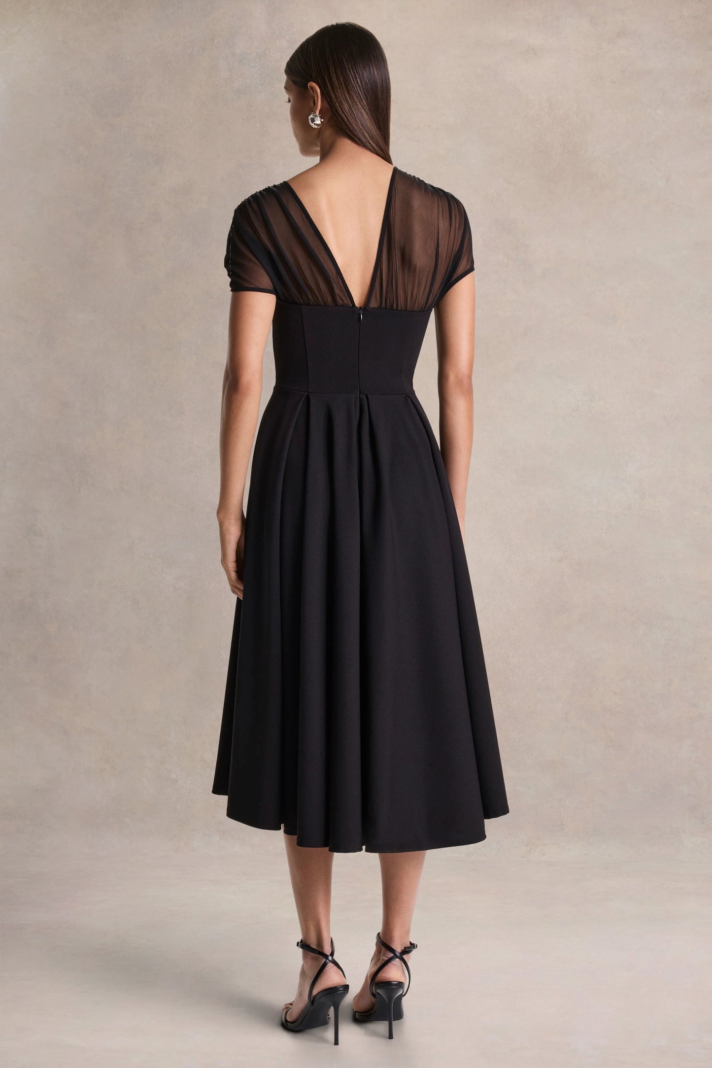 Rosette Black Asymmetric-Neck Midi Dress
