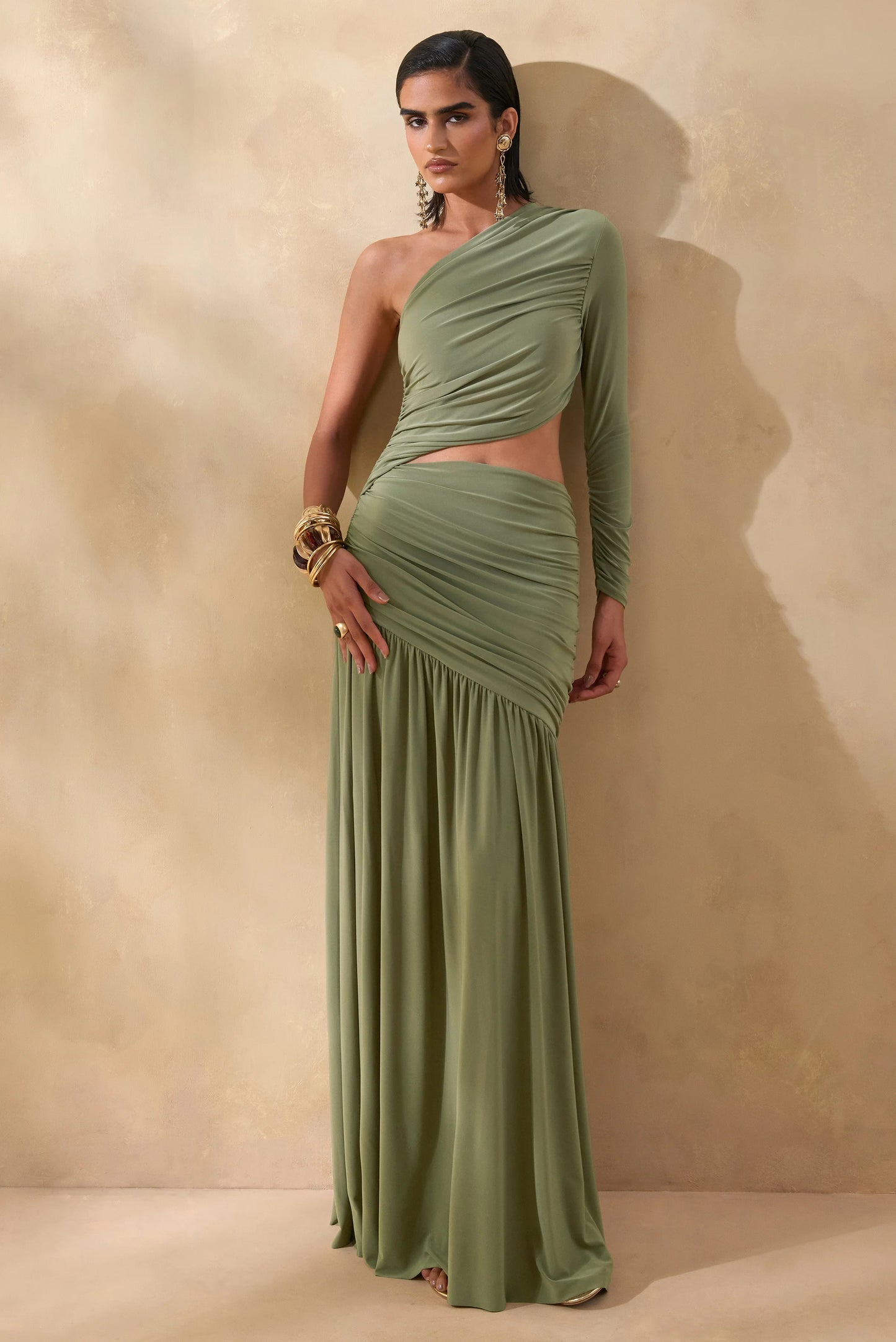 Kinsley Olive Asymmetric-Neck Maxi Dress With Body Cut-Out Detail