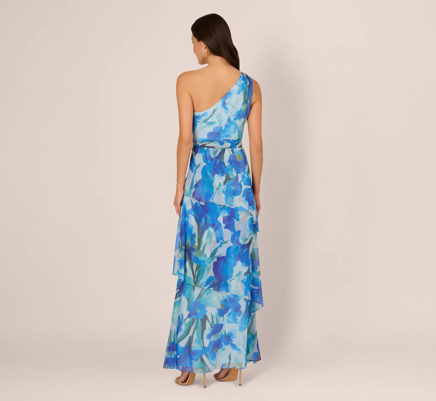 One Shoulder Tiered Floral Chiffon Gown In Blue Multi