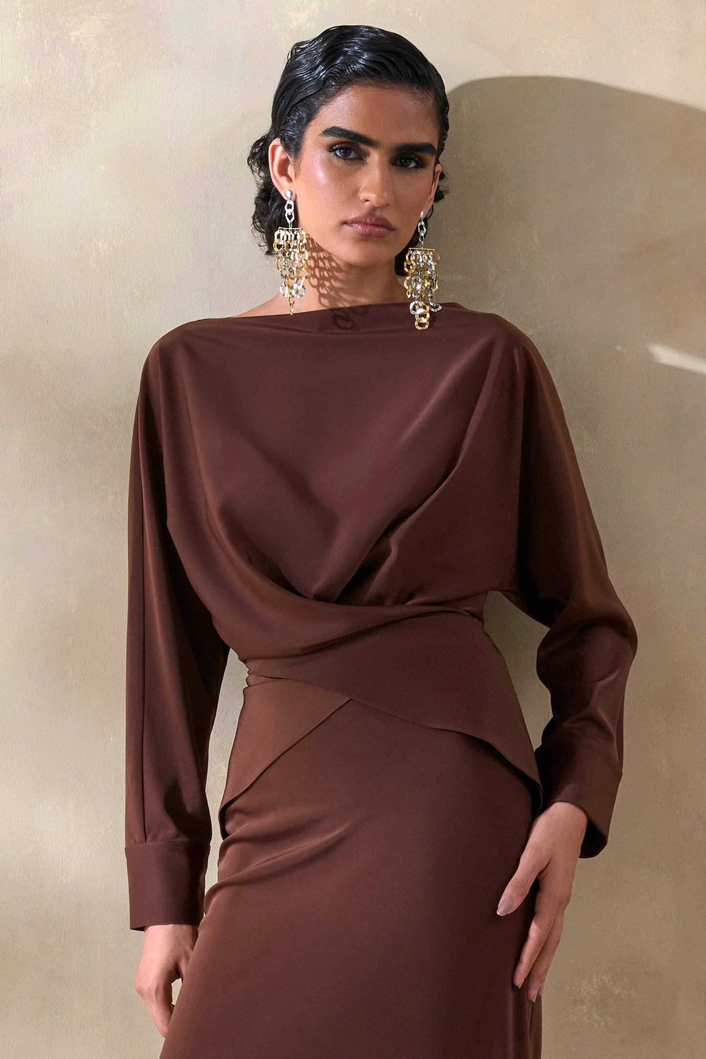 Miravia Brown Satin Wide-Neck Long-Sleeve Top