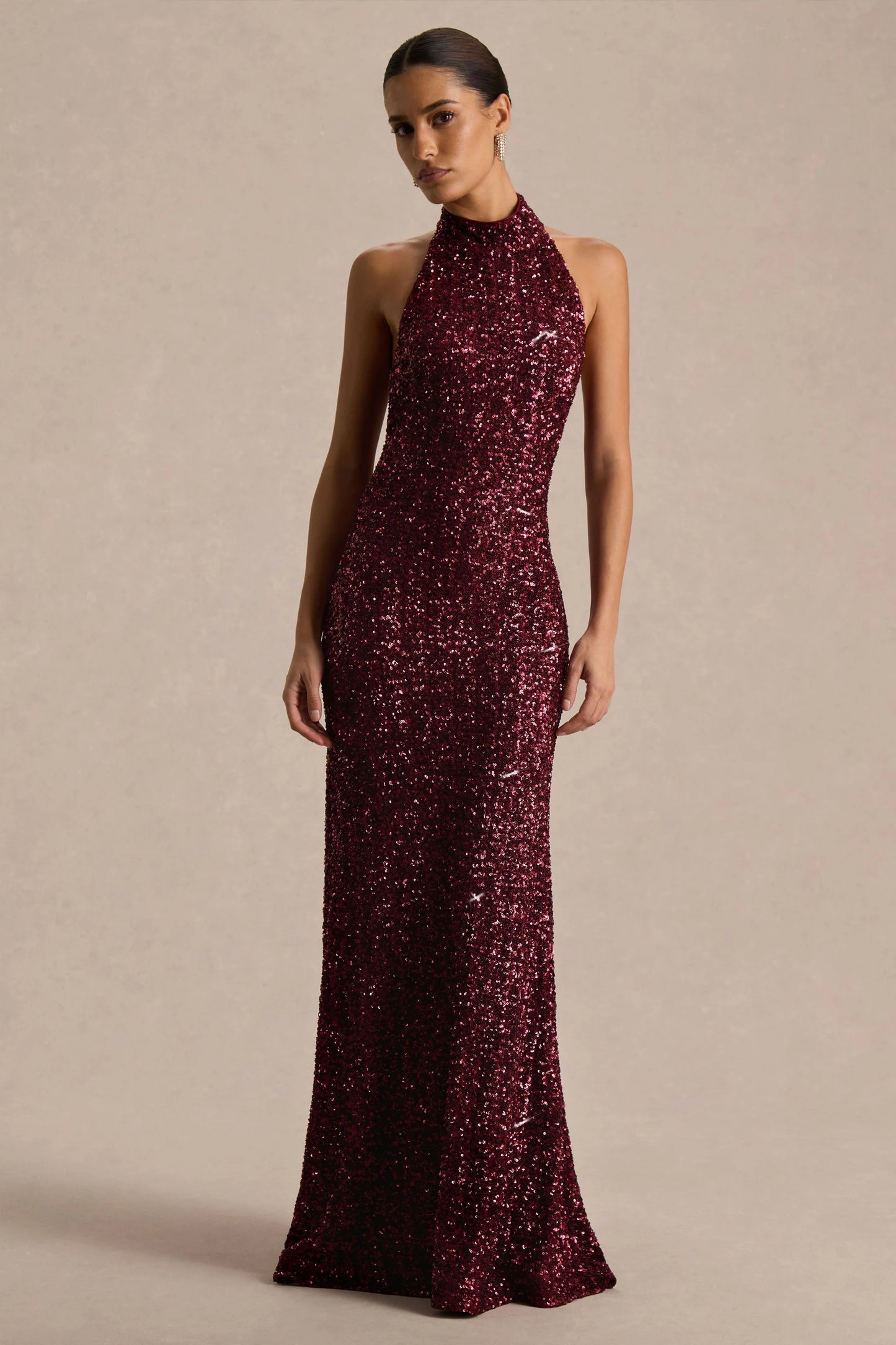 Tulia Burgundy Sequin High-Neck Maxi Dress