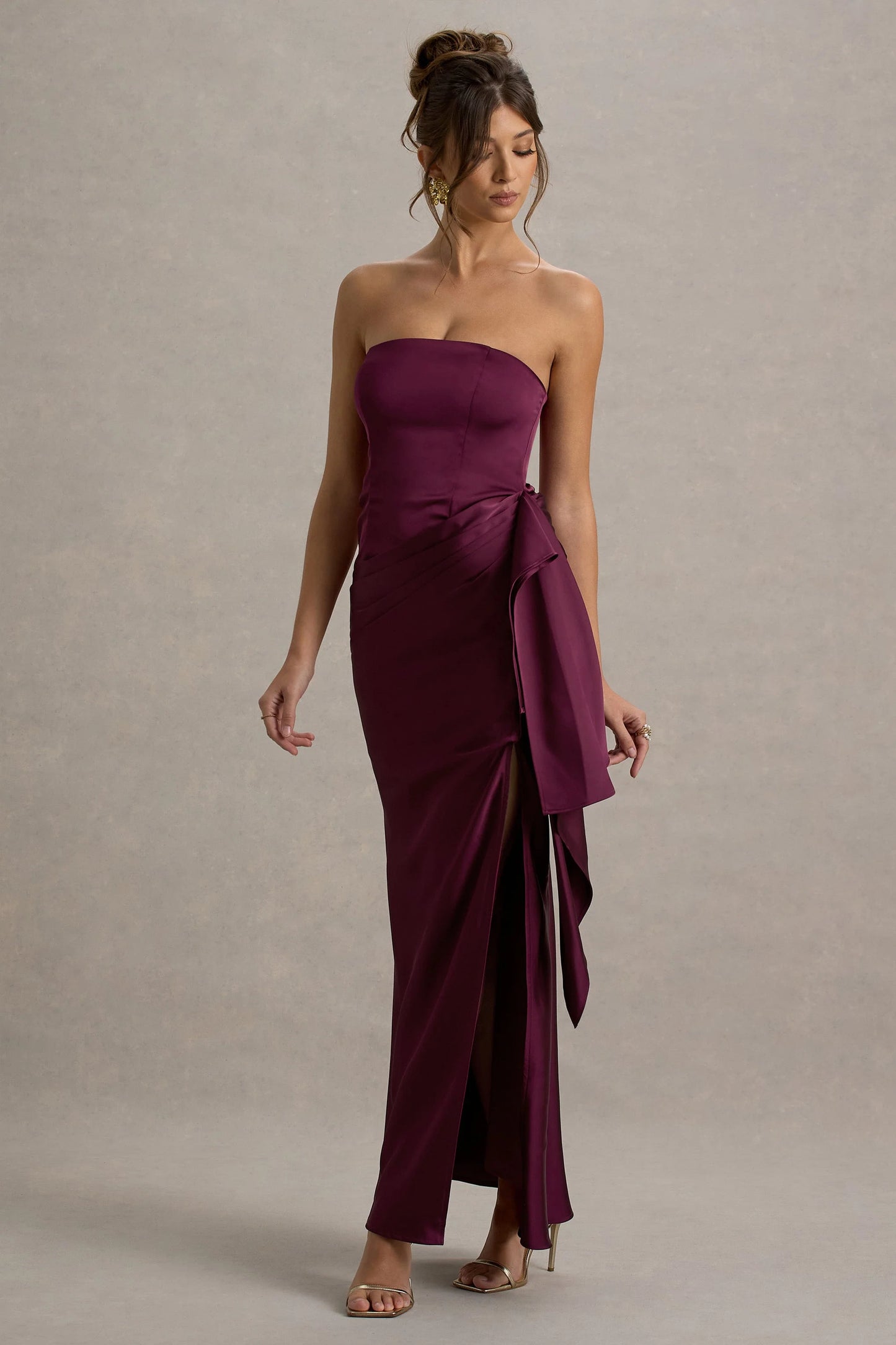 Loz Burgundy Satin Bandeau Draped Maxi Dress