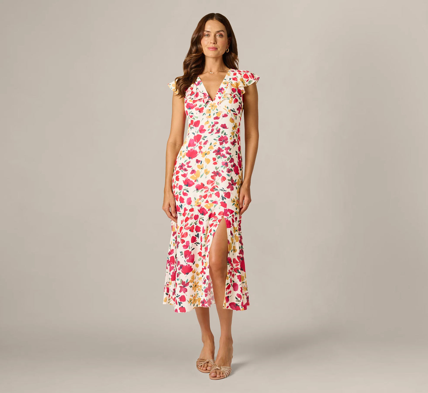Flounce Collar Floral Print Midi Dress In Ivory Multi