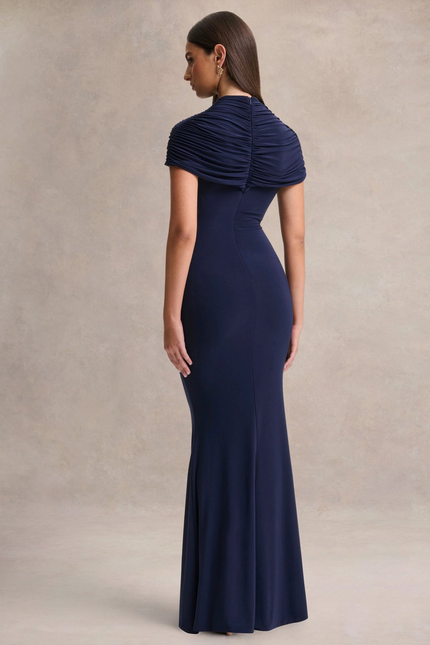 Azaria Navy High-Neck Maxi Dress With Ruched Detailing