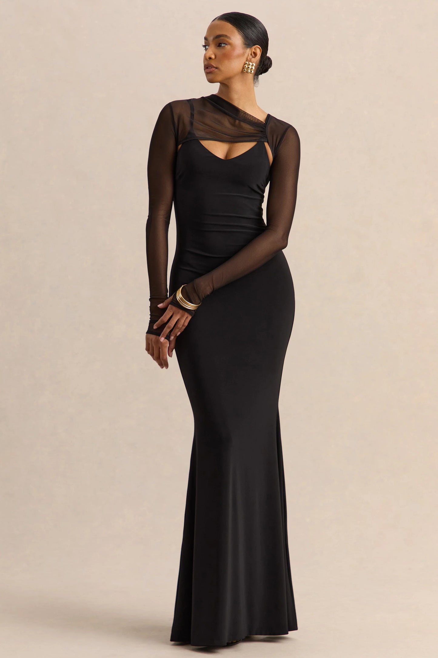 Coralia Black Asymmetric-Neck Maxi Dress With Mesh Long-Sleeves