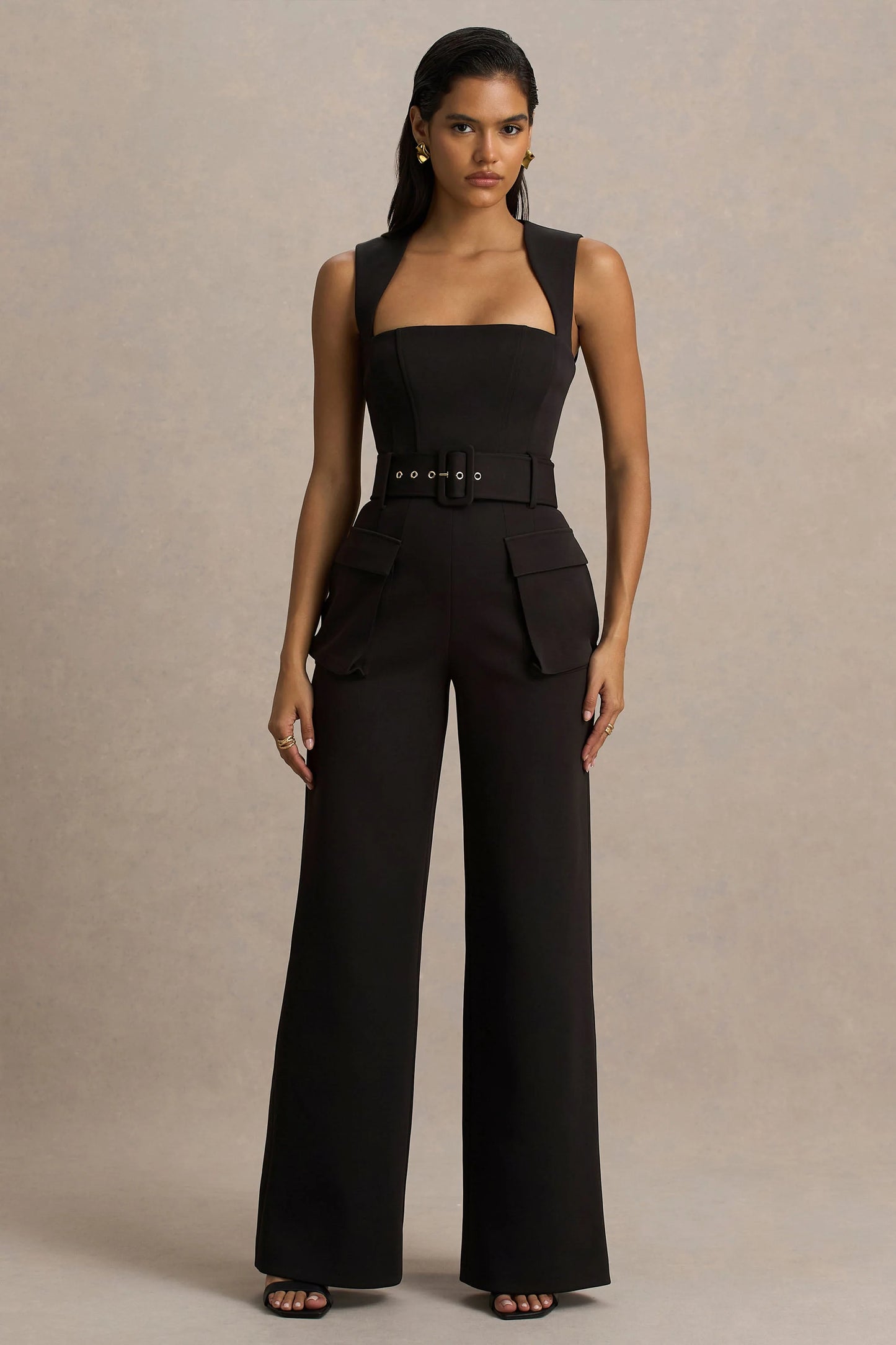 Solice Black Square-Neck Tailored Jumpsuit