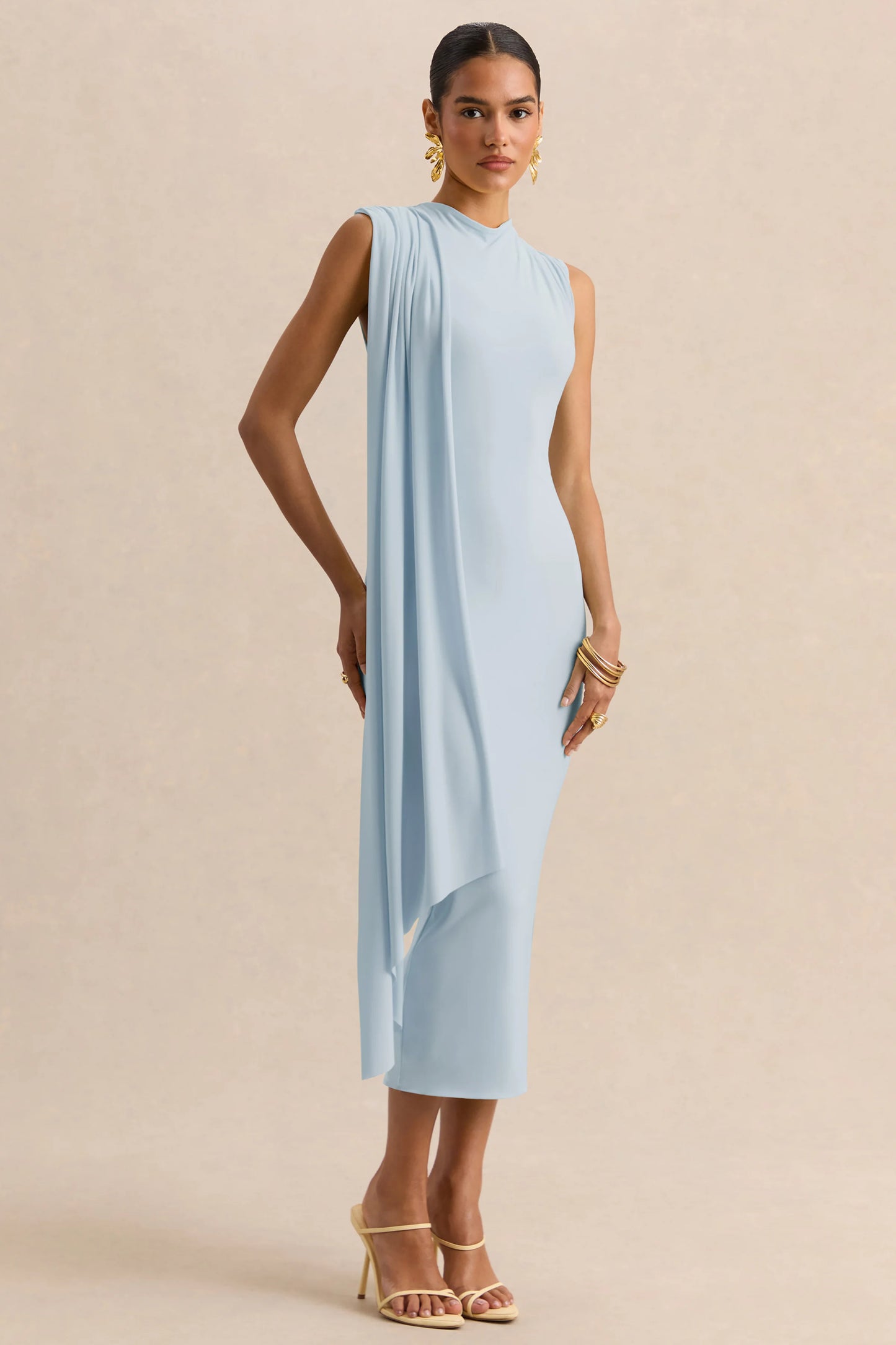 Oleandra Light Blue High-Neck Midi-Dress With Draped-Detail