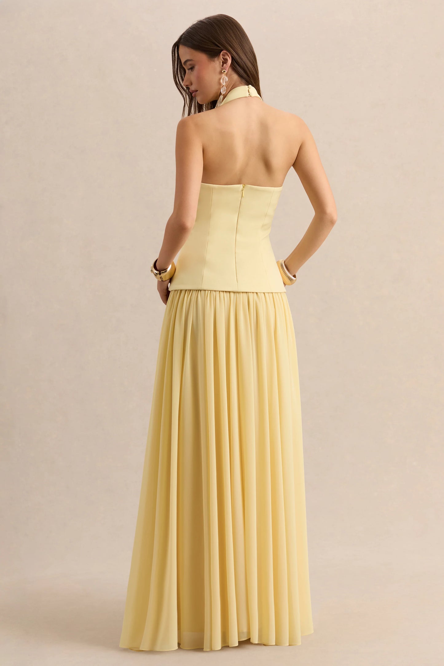 Zarina Lemon Plunge-Neck Maxi Dress