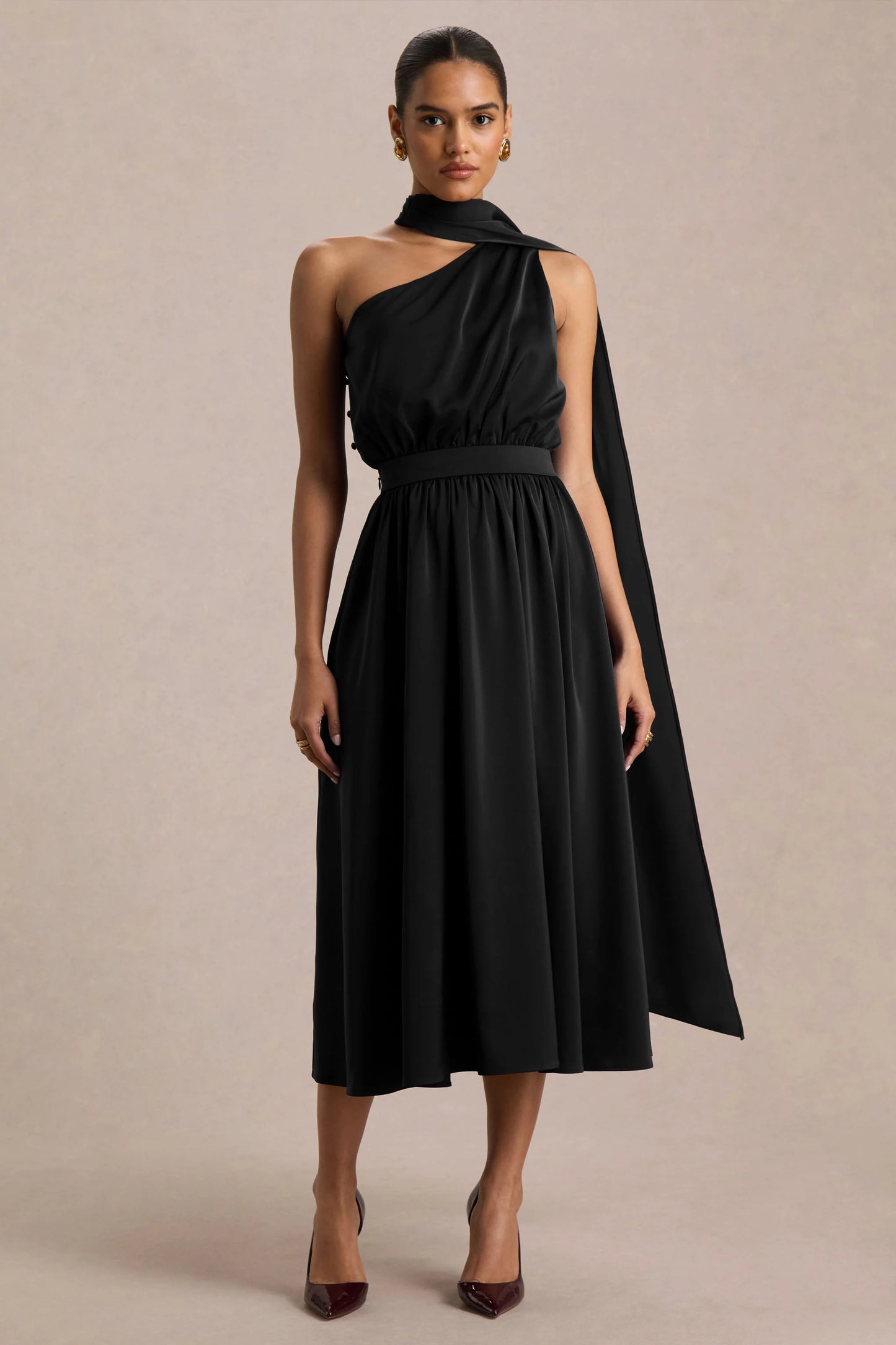 Caluna Black Satin Asymmetric-Neck Midi Dress With Scarf-Detail