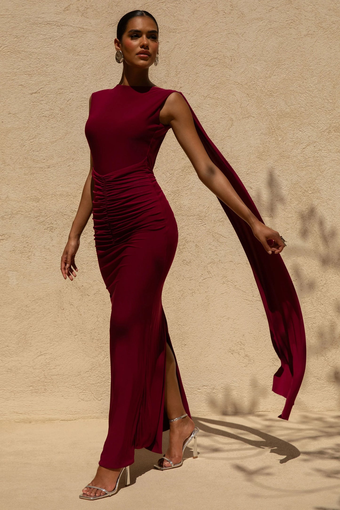 Saige Burgundy Cap-Sleeve Gathered Maxi Dress