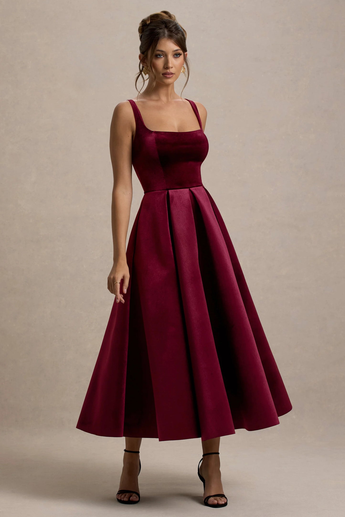 Francisca Berry Velvet Strappy Volume-Hem Midi Dress
