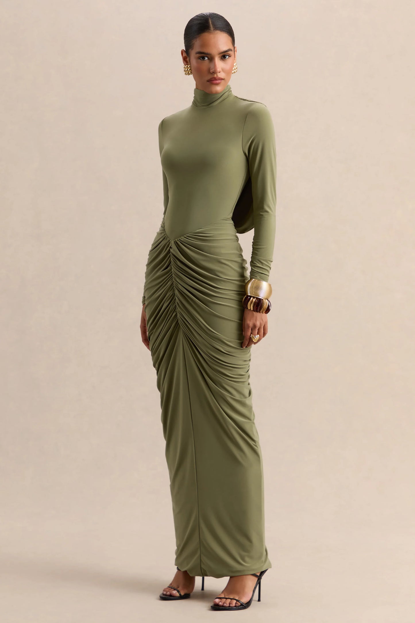 Harmona Olive High-Neck Maxi Dress With Gathered And Draped-Detailing