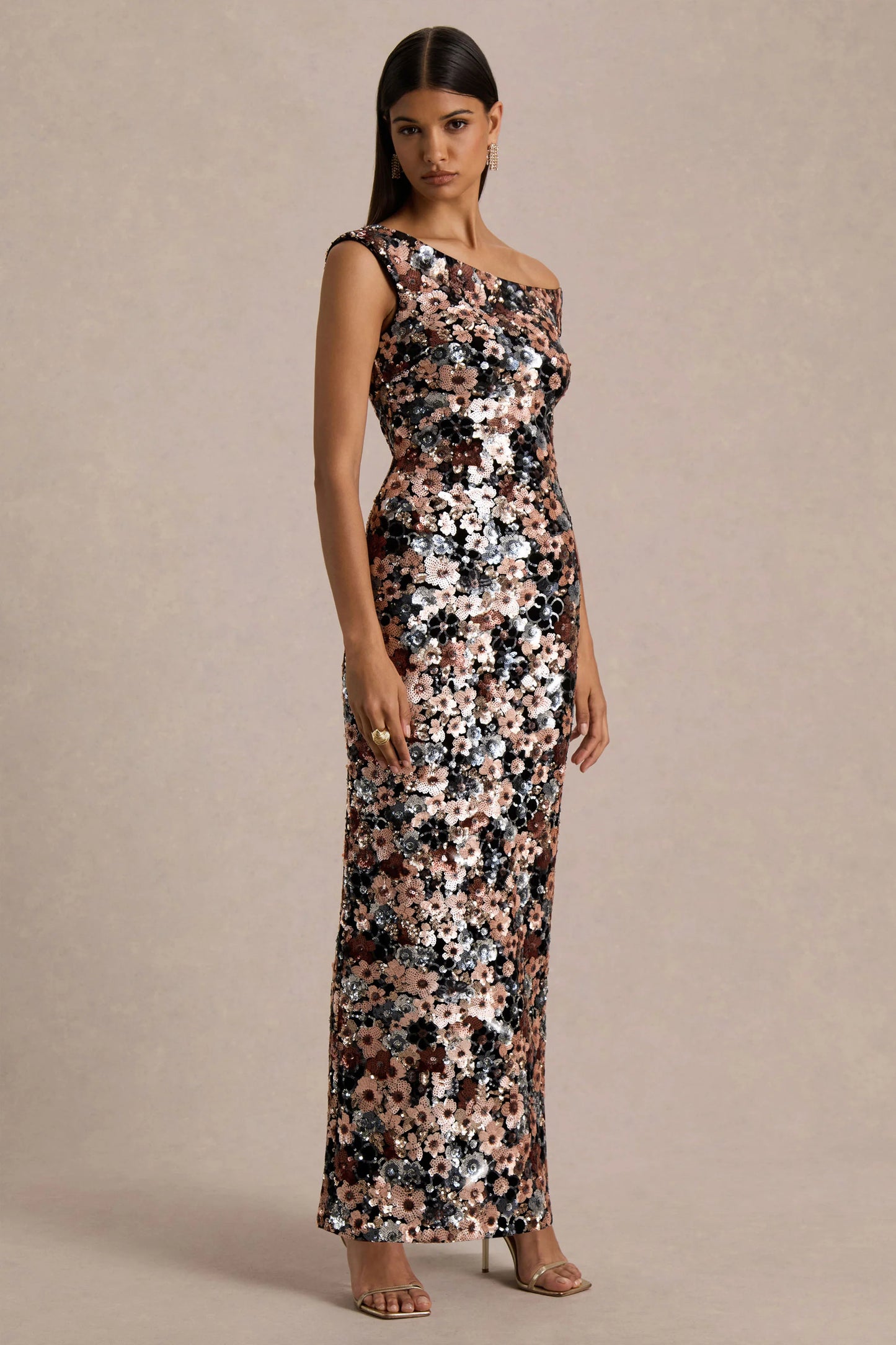 Electric Black Velvet & Embellished Sequin Floral Asymmetric-Neck Maxi Dress