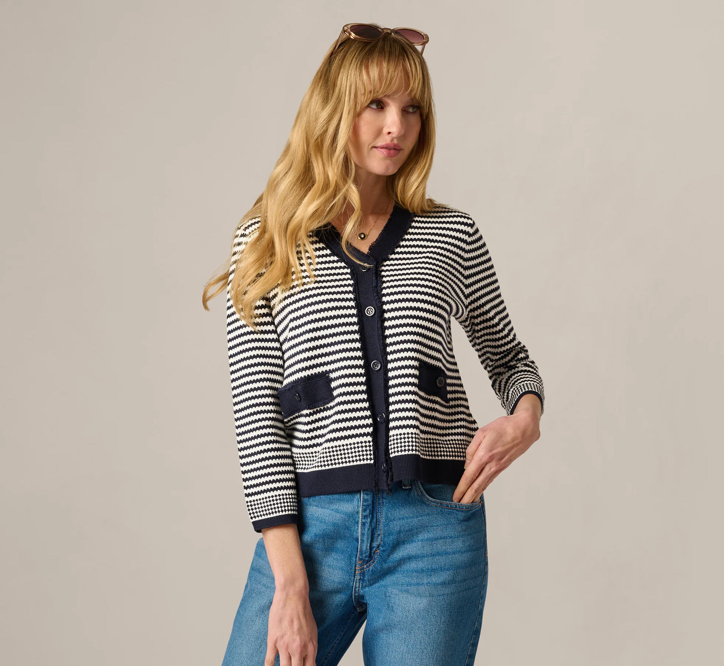Fringe Trim Cardigan Sweater In Navy Ivory