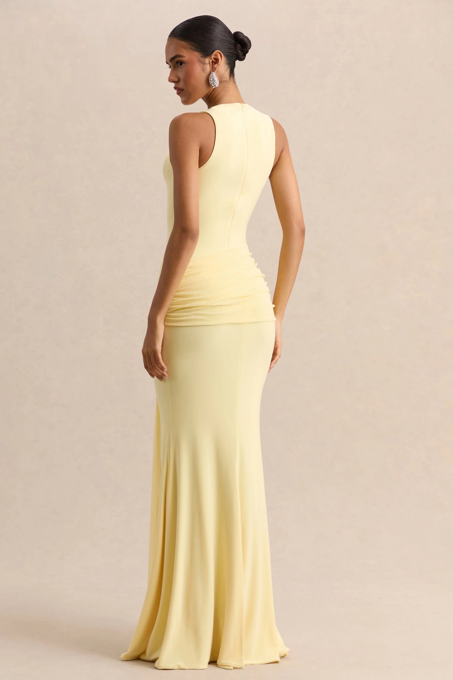 Mirene Lemon Round-Neck Maxi-Dress With Gathered-Detailing And Sash