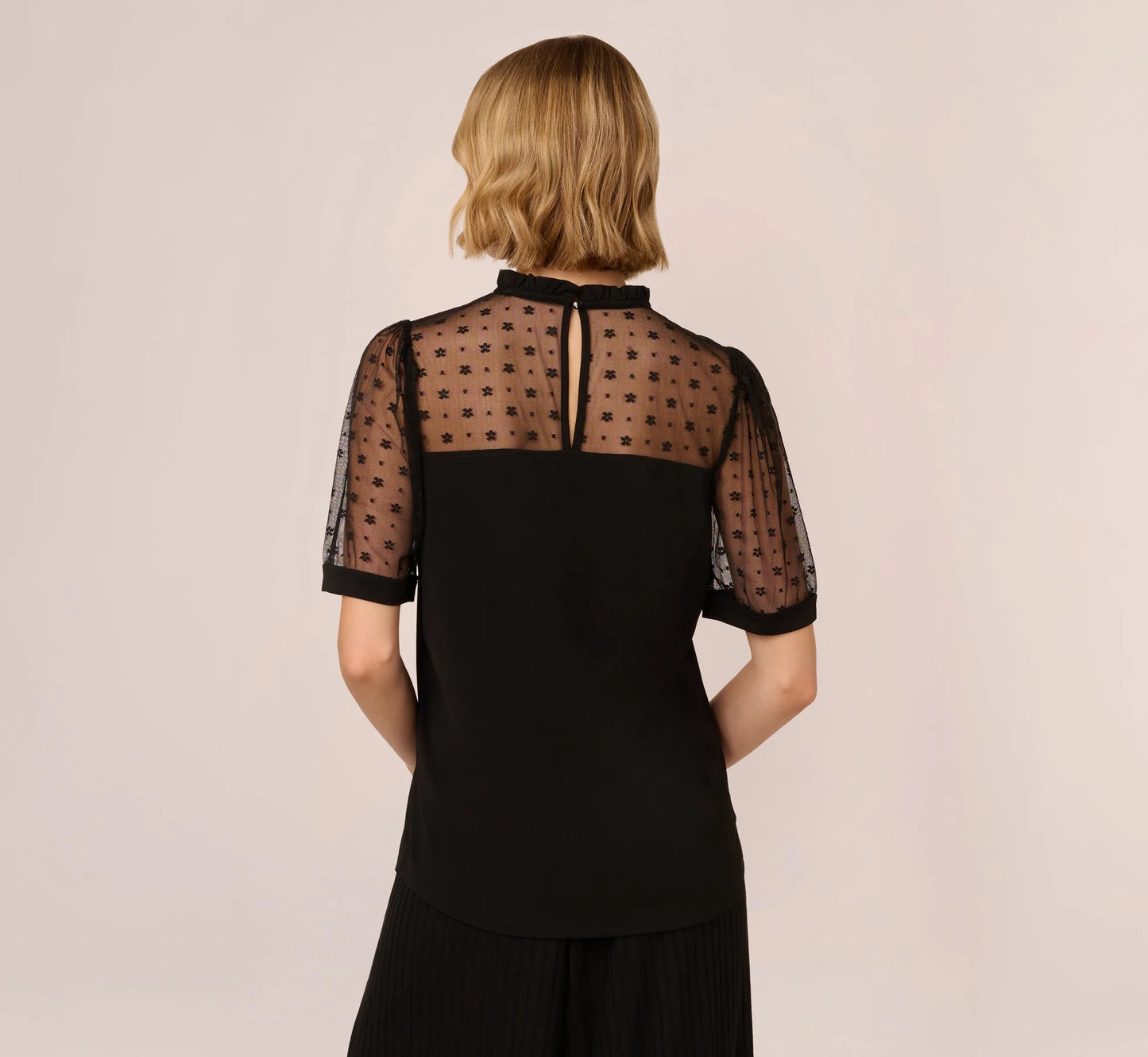 Ruffle Neck Top With Floral Mesh Short Sleeves In Black