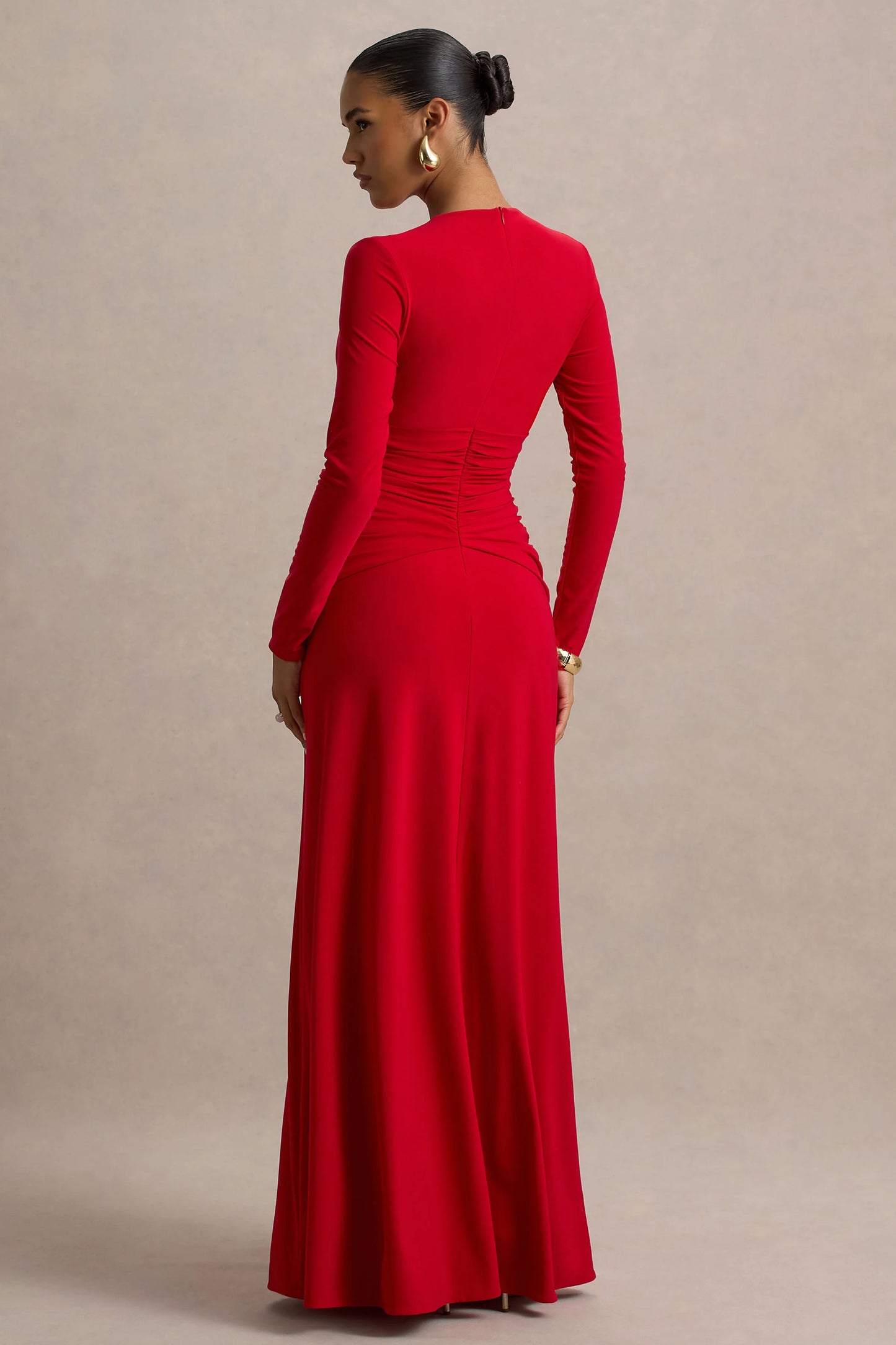 Estrella Red High-Neck Maxi Dress With Ruched Detailing