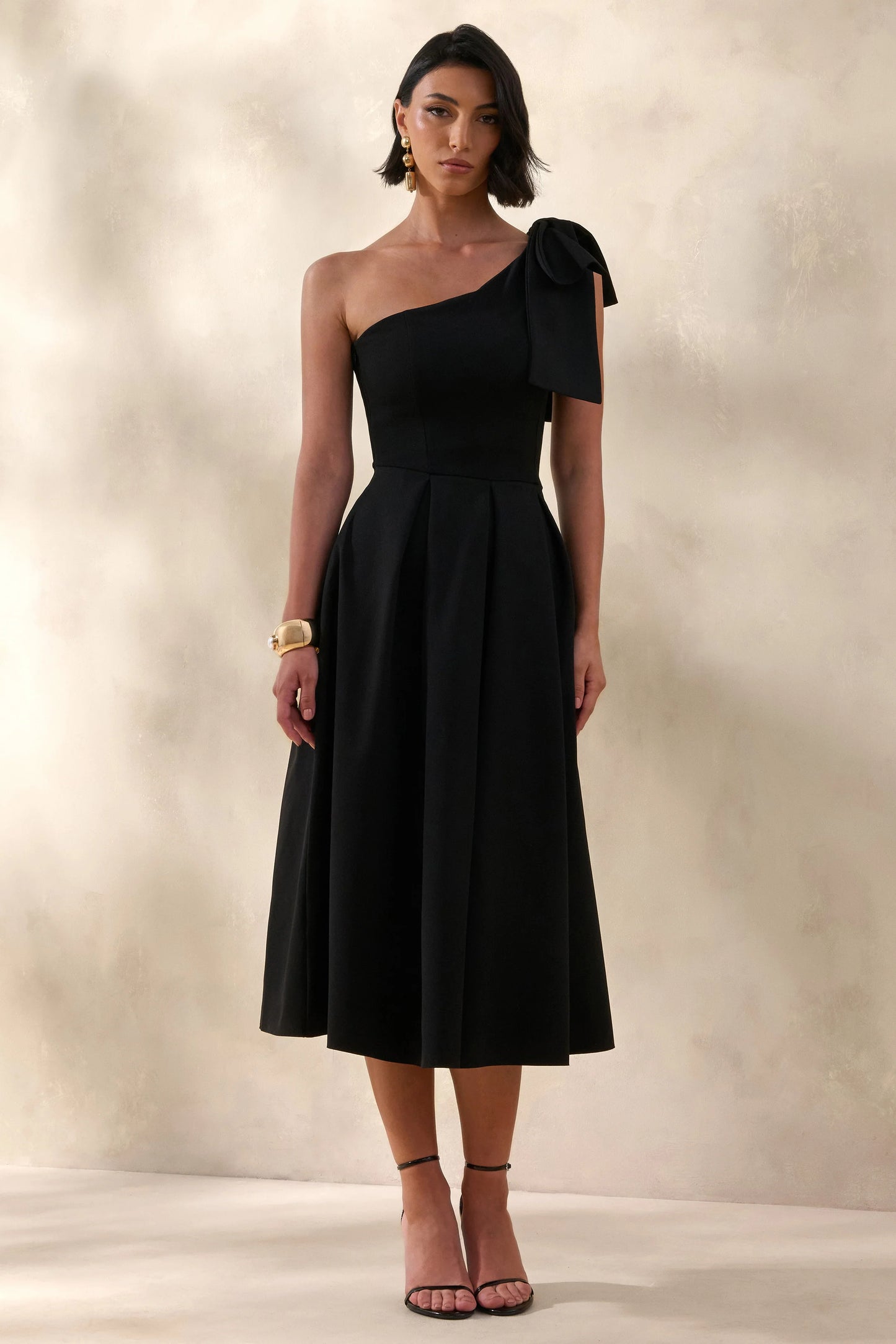 Meria Black Asymmetric-Neck Midi Dress With Bow-Sleeve