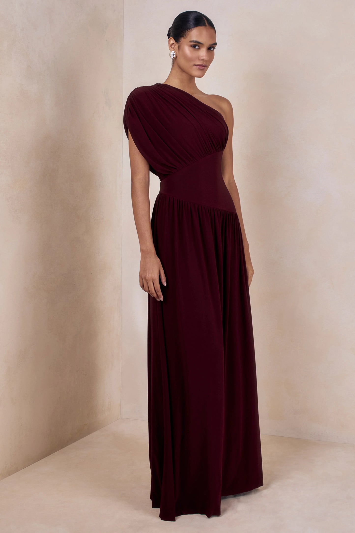 Kelsey Burgundy Asymmetric-Neck Maxi Dress With Ruched Detailing