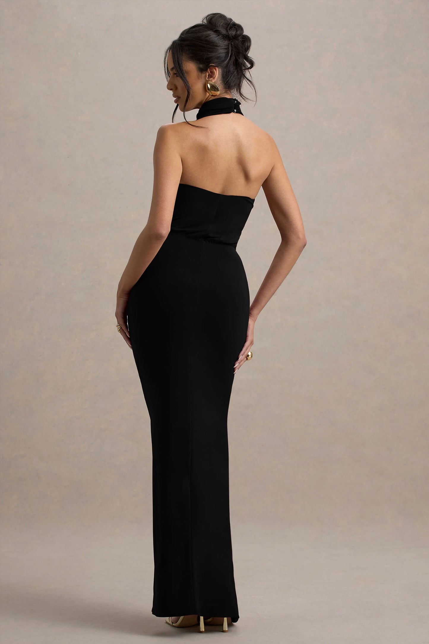 Hayden Black High-Neck Draped Split Maxi Dress