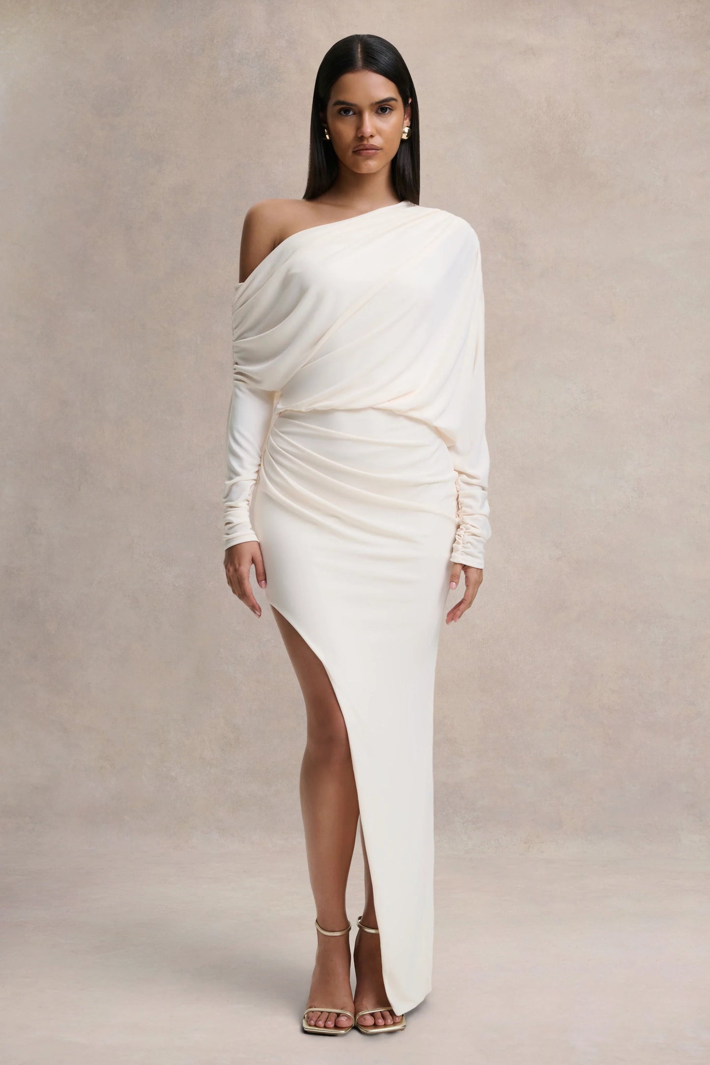 Olivia Cream Asymmetric-Neck Maxi Dress With Ruched Detailing Asymmetric-Hem