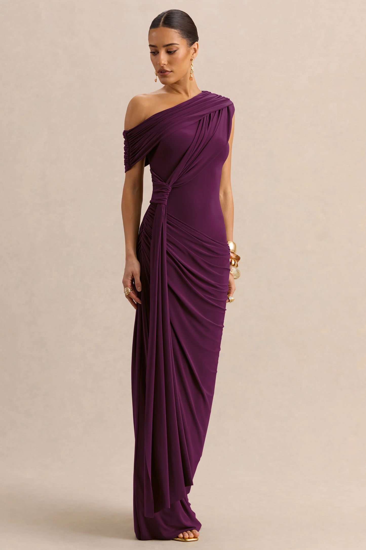 Avialee Dark Plum Asymmetric-Neck Maxi Dress With Gathered-Detailing And Sash