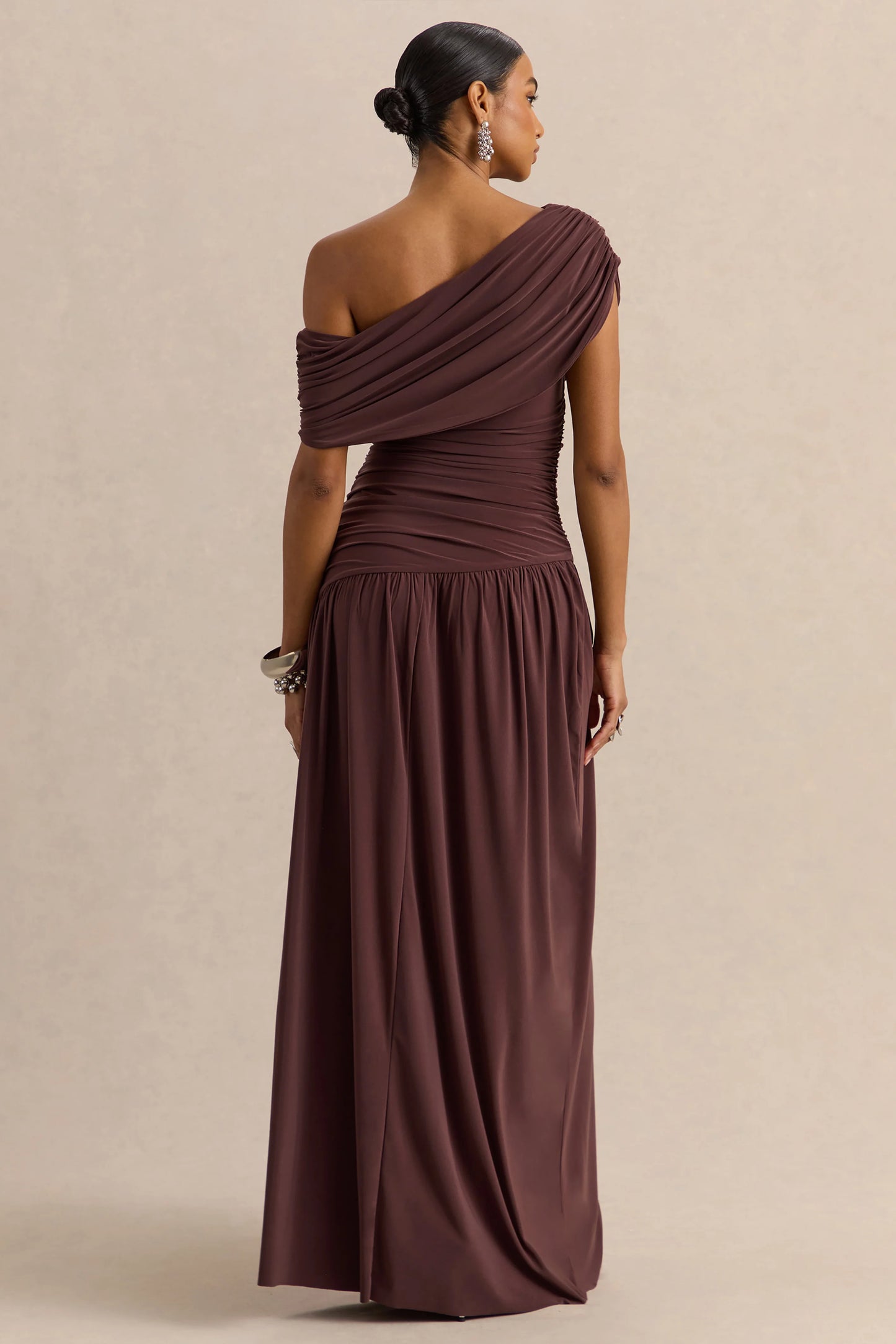 Emberly Brown Draped Asymmetric-Neck Maxi Dress With Drop-Waist