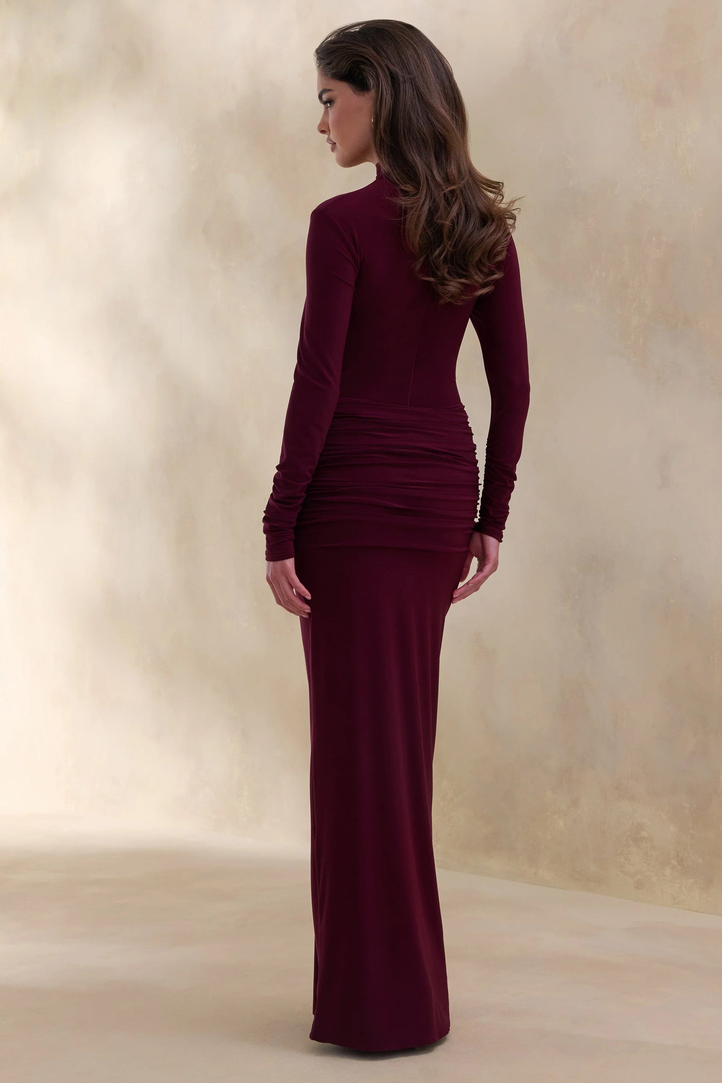 Ambrette Dark Plum High-Neck Maxi Dress With Gathered-Detailing