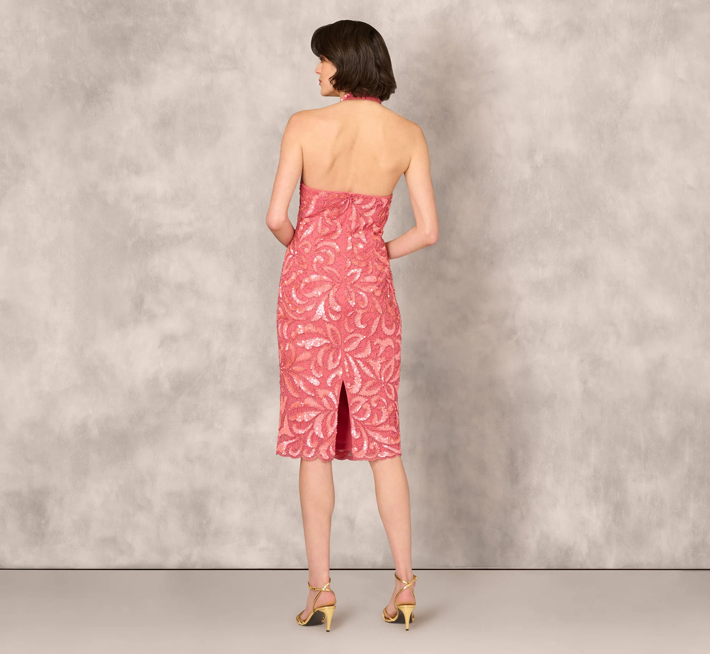 Beaded Halter Midi Sheath Dress In Summer Rose
