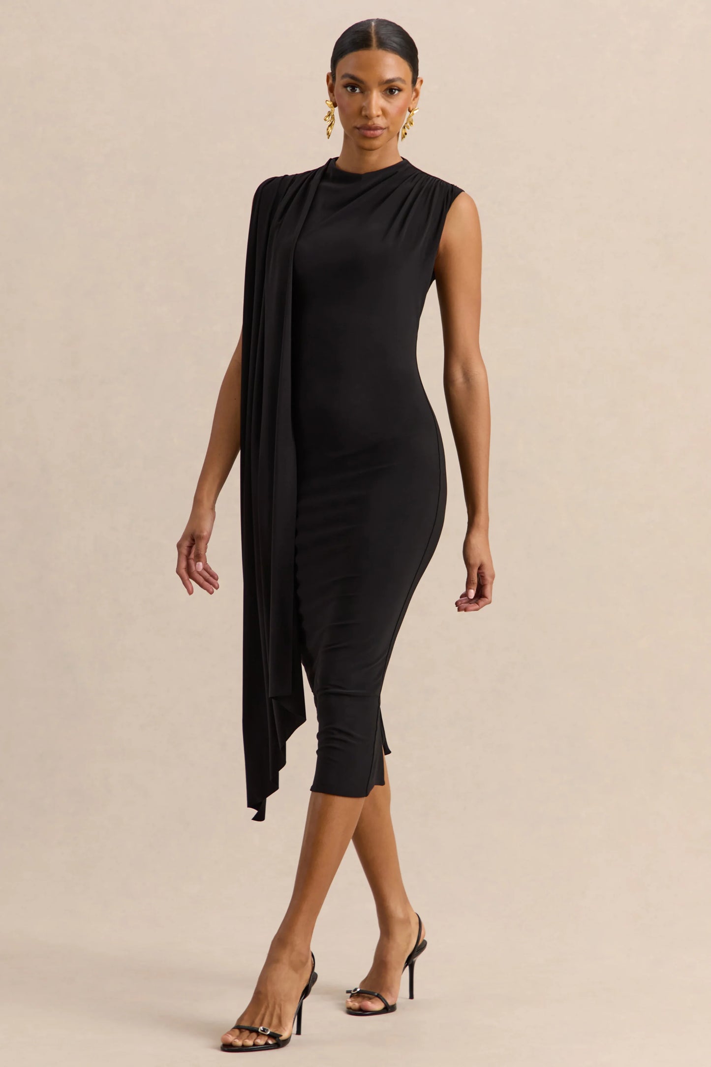Oleandra Black High-Neck Midi-Dress With Draped-Detail