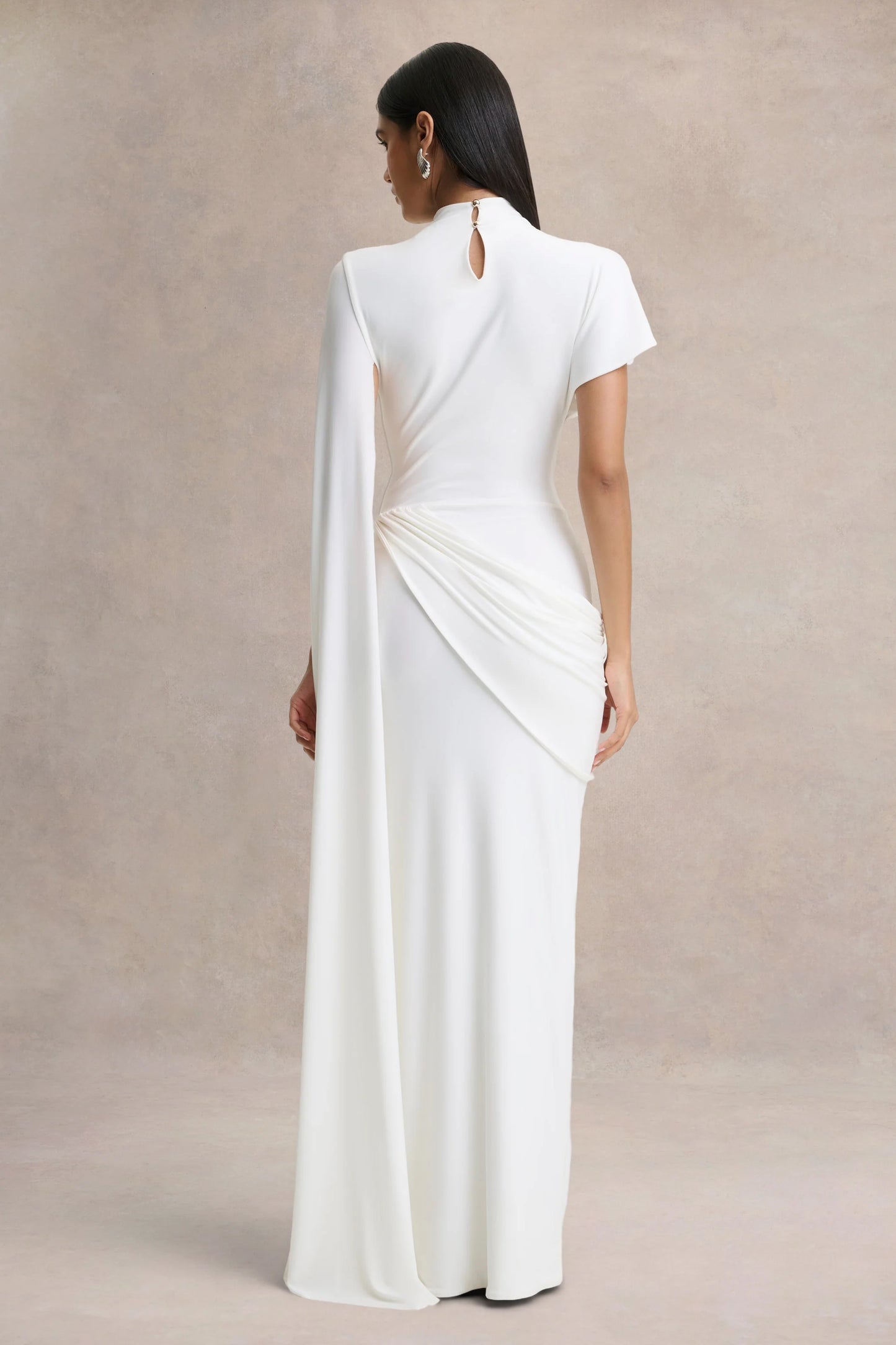 Tropic White High-Neck Maxi With Long Cape Sleeve