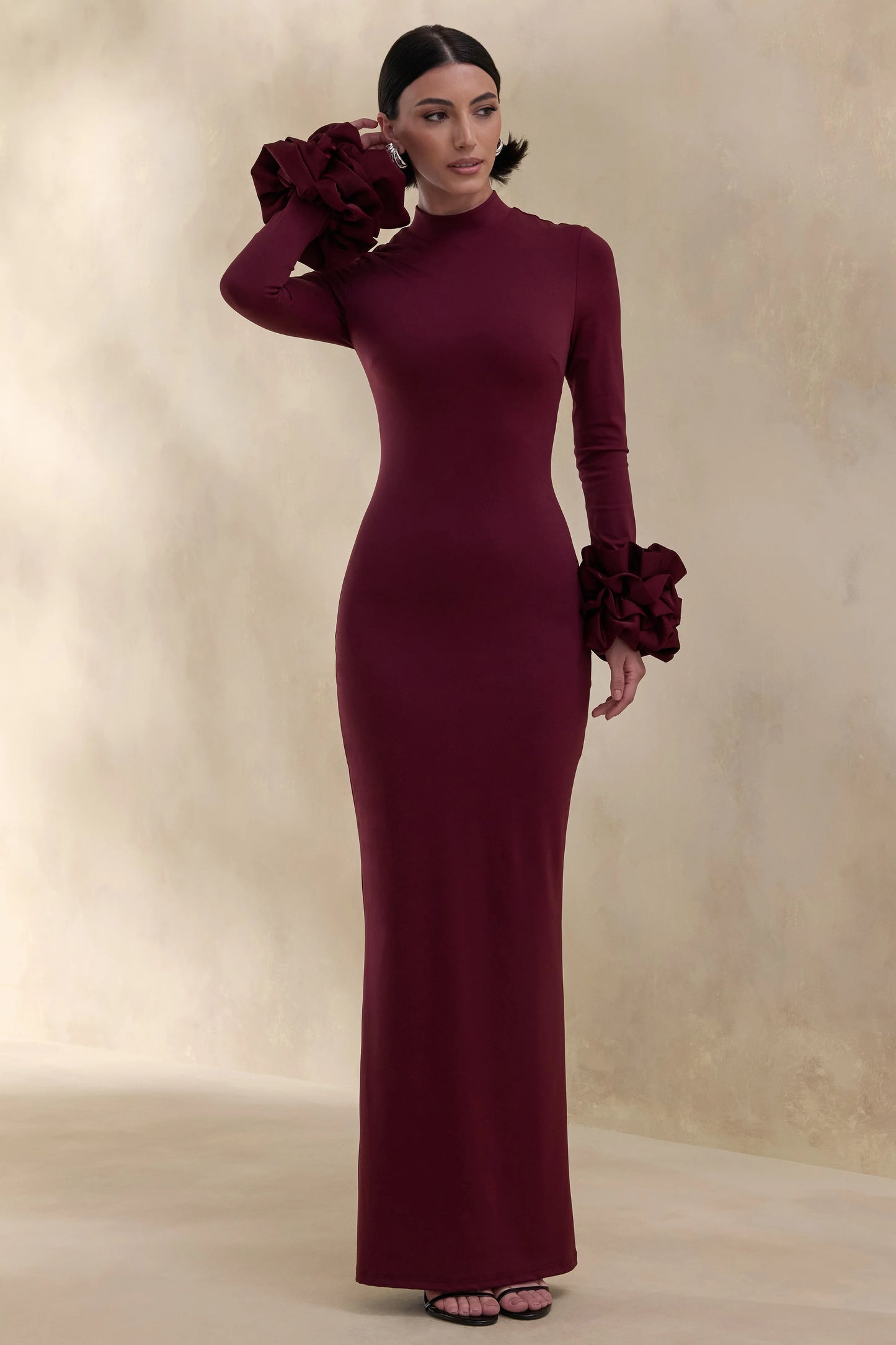 Jaselle Dark Plum High-Neck Maxi Dress With Ruffled Satin-Cuffs