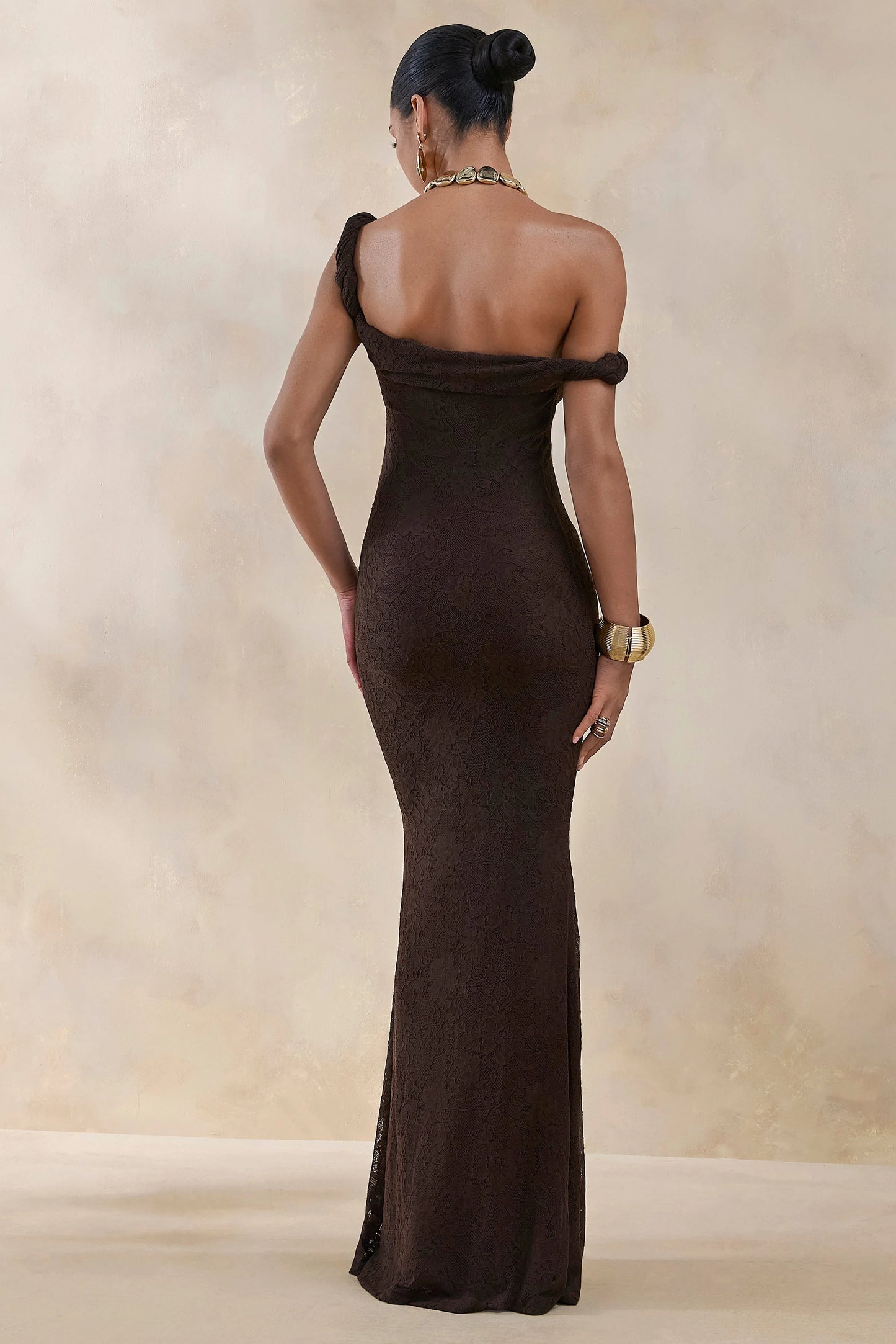 Afina Brown Lace Asymmetric-Neck Maxi Dress