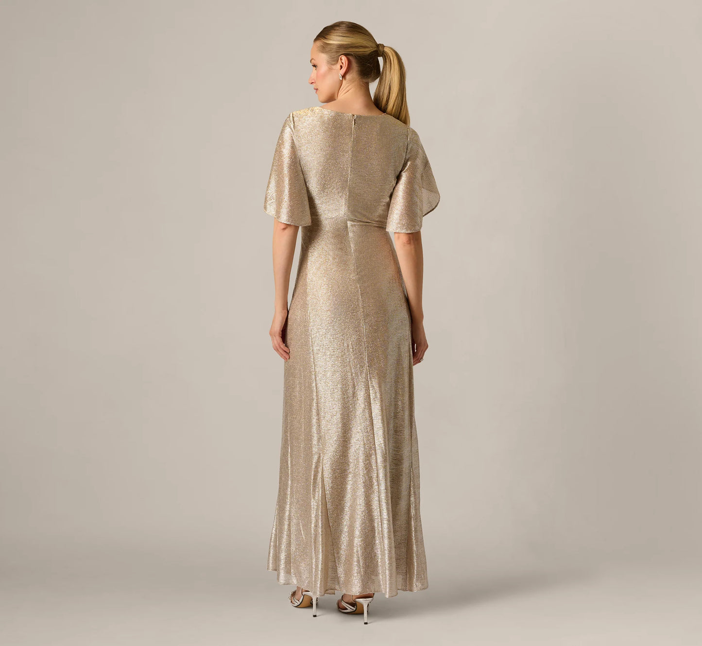 Metallic Flutter Knit Gown In Alabaster