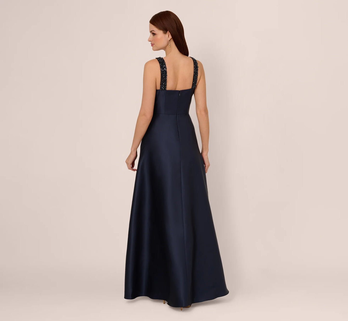 Sleeveless Beaded Mikado Fit And Flare Gown In Midnight