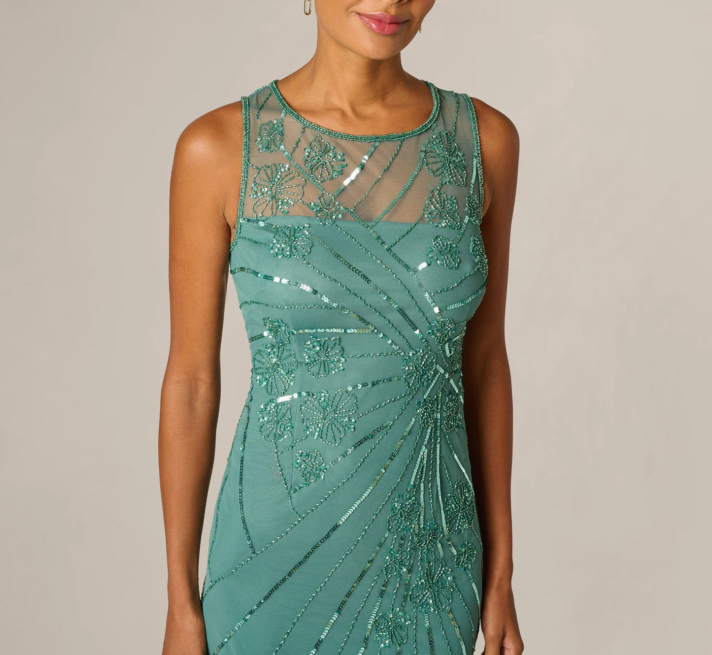 Floral Beaded Illusion Mermaid Gown In Green Slate