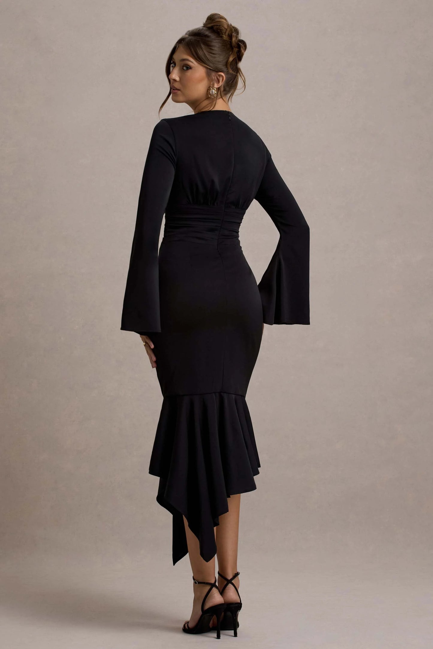 Rehna Black Plunge-Neck Bell-Sleeve Midi Dress
