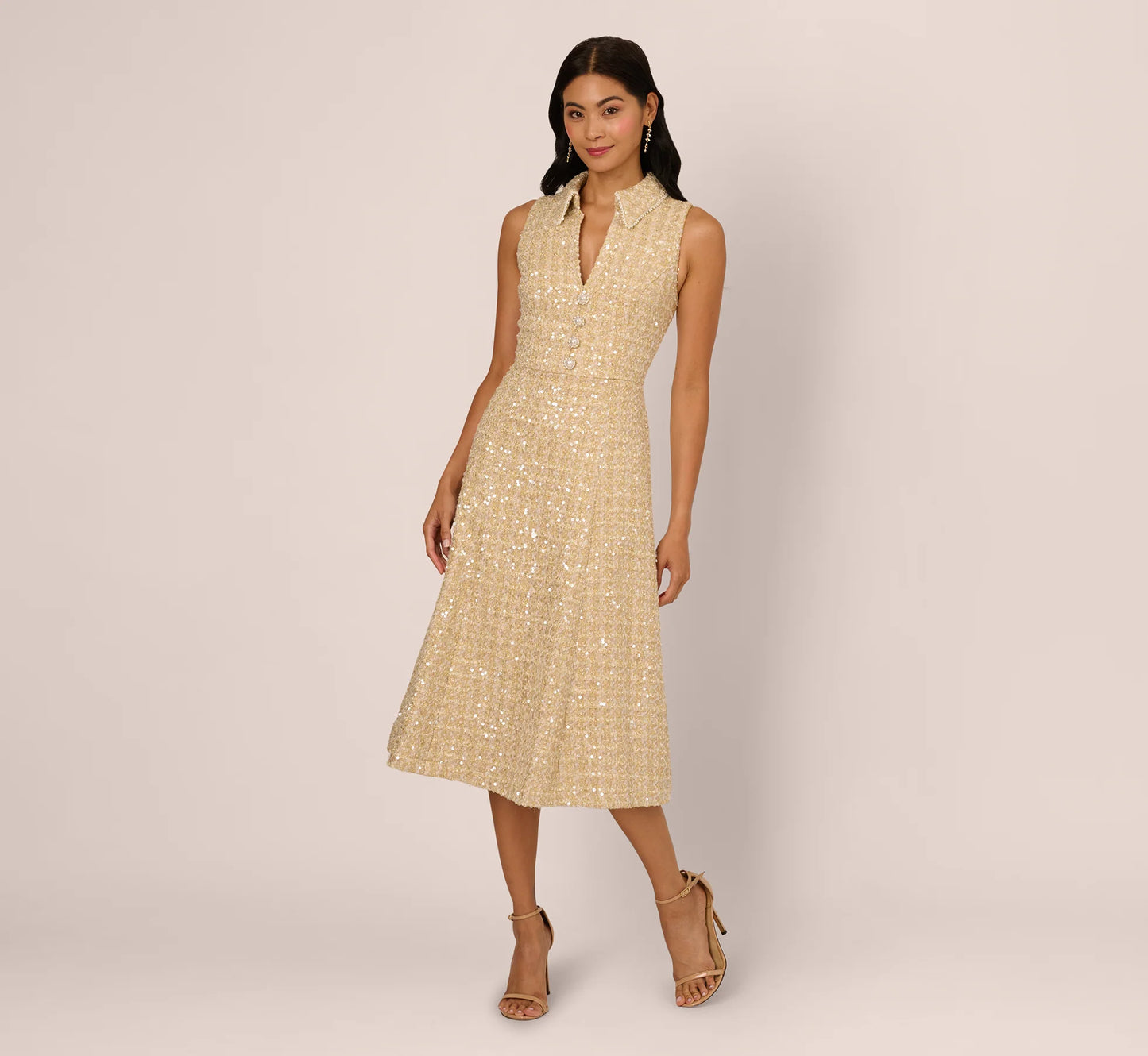 Collared Sequin Tweed Midi Dress In Champagne