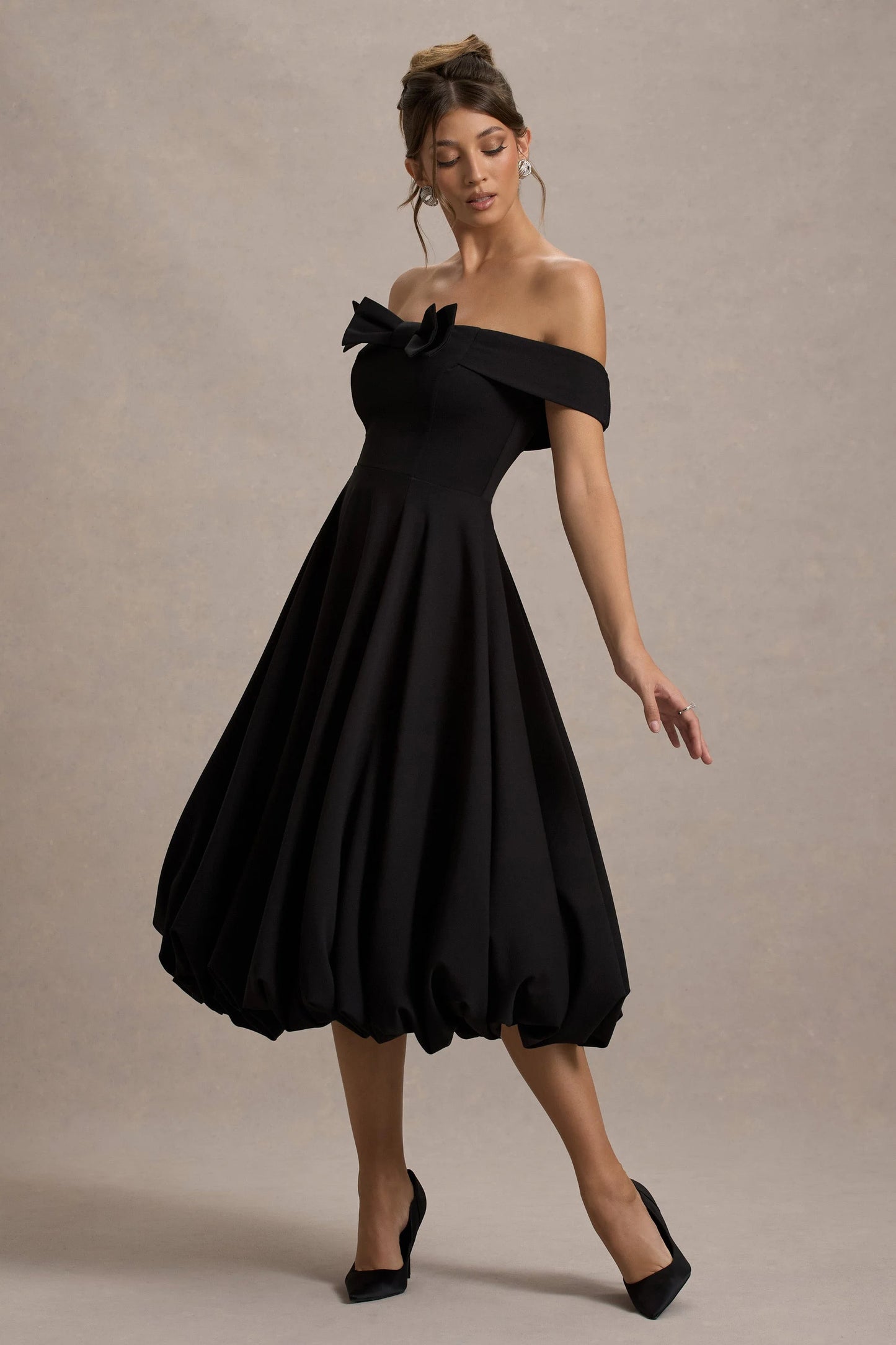 Calliopia Black Bow Bardot Midi Dress With Puff-Ball Skirt