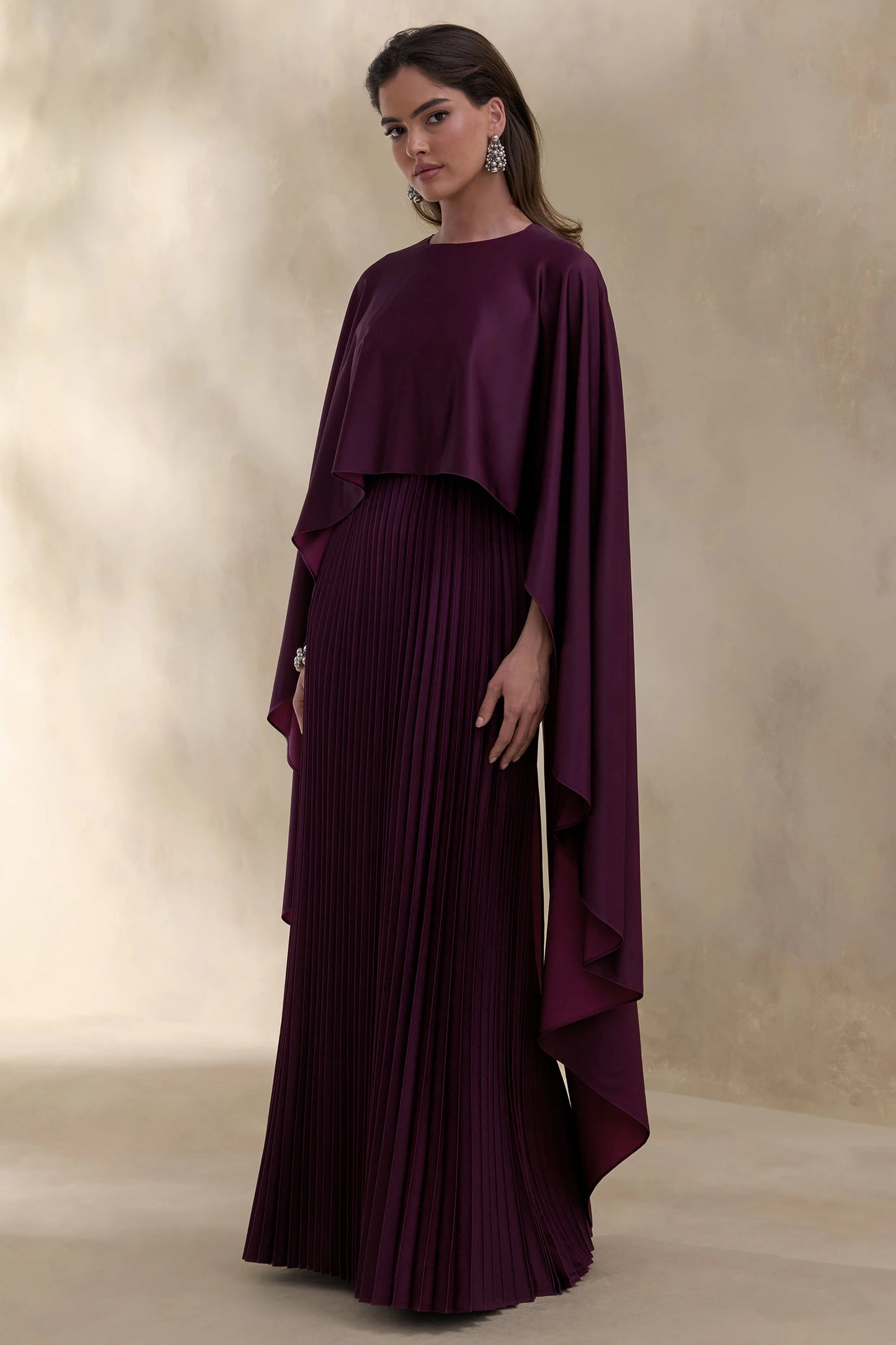 Loradia Dark Plum Satin Round-Neck Maxi Dress With Cape-Sleeves And Pleated-Skirt