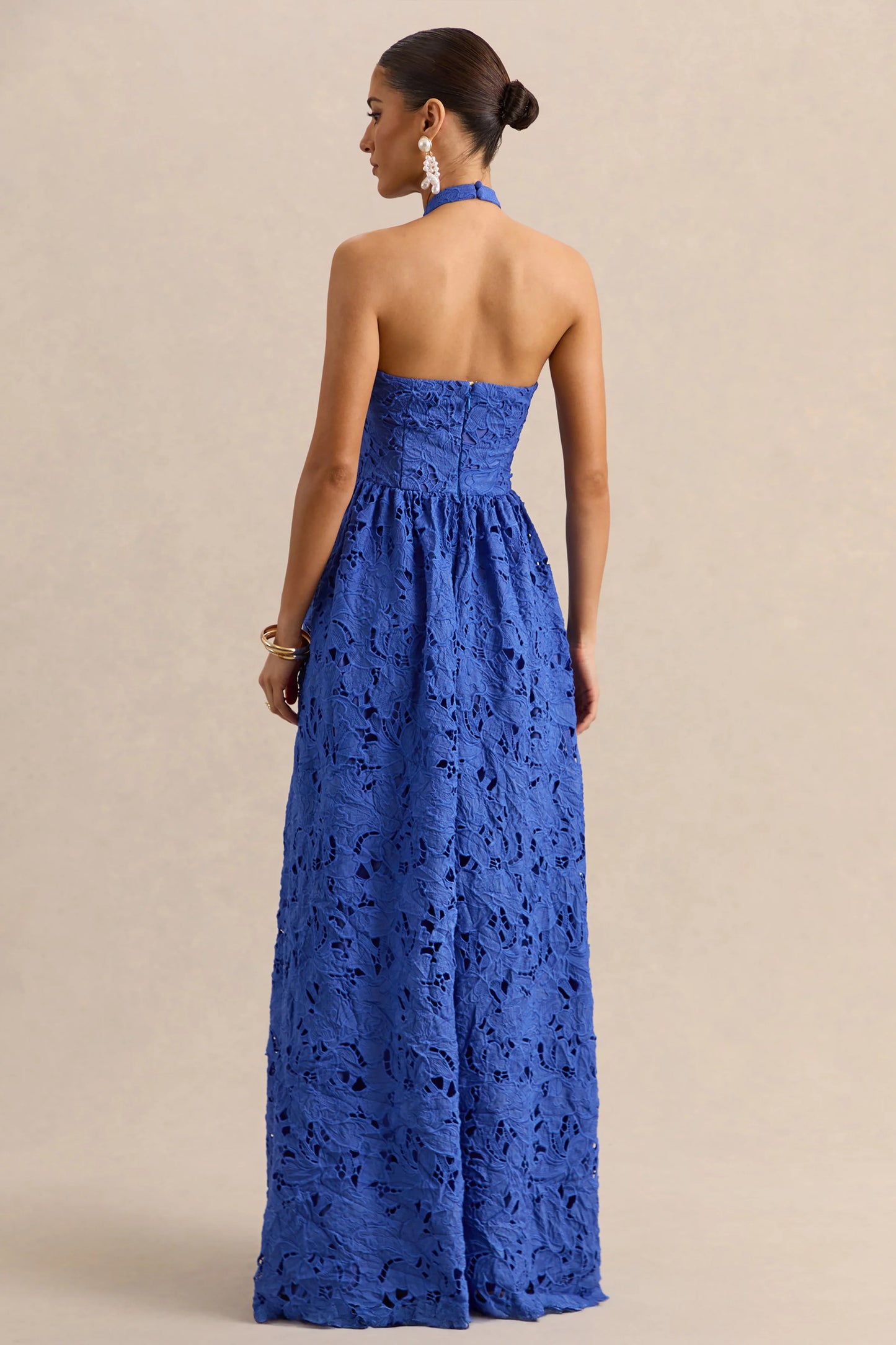 Indiana Dark Blue Broderie Halter-Neck Maxi Dress