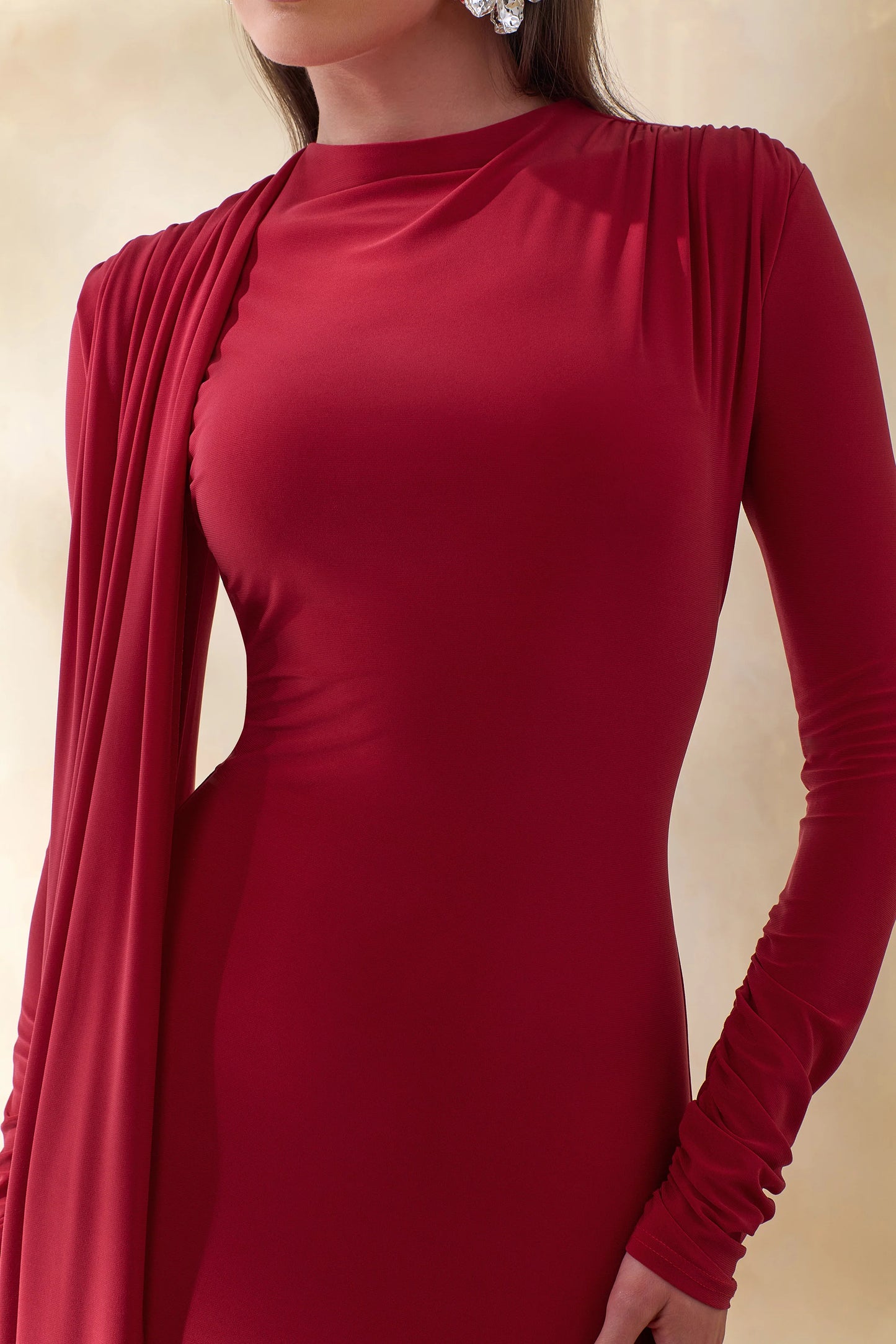 Amaria Red High-Neck Maxi Dress With Sash-Detail