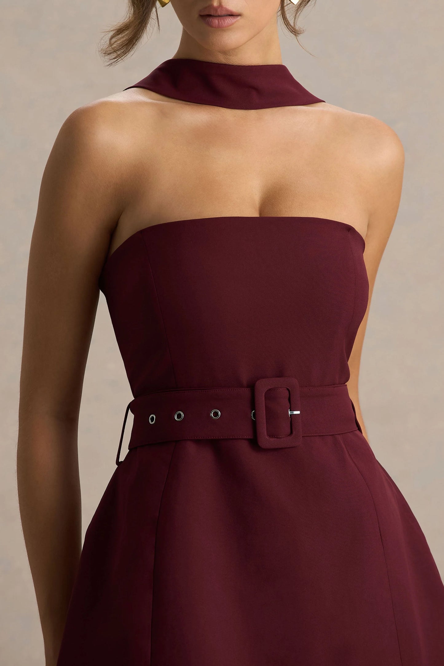 Timberly Burgundy High-Neck Tailored Micro-Mini Dress