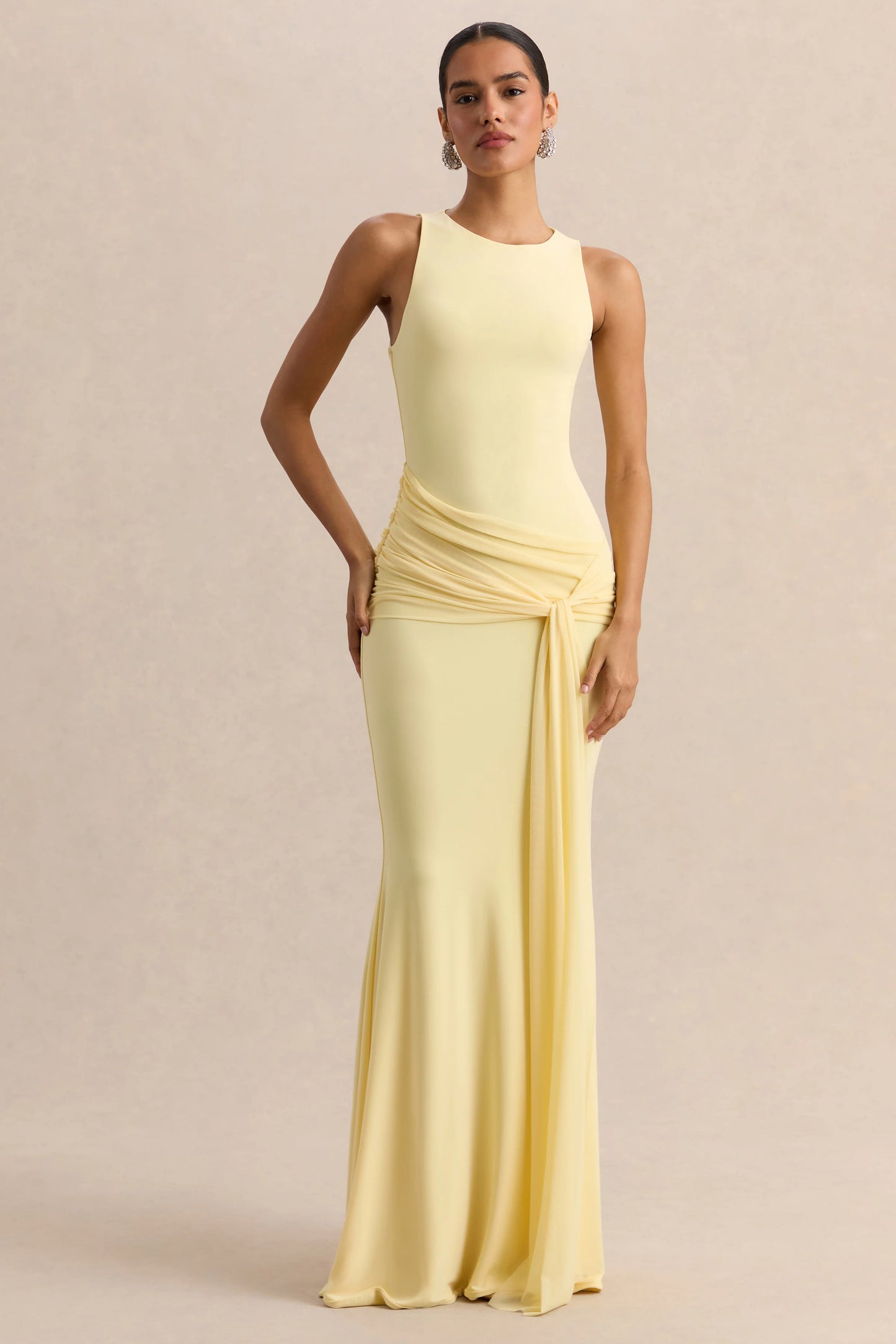 Mirene Lemon Round-Neck Maxi-Dress With Gathered-Detailing And Sash