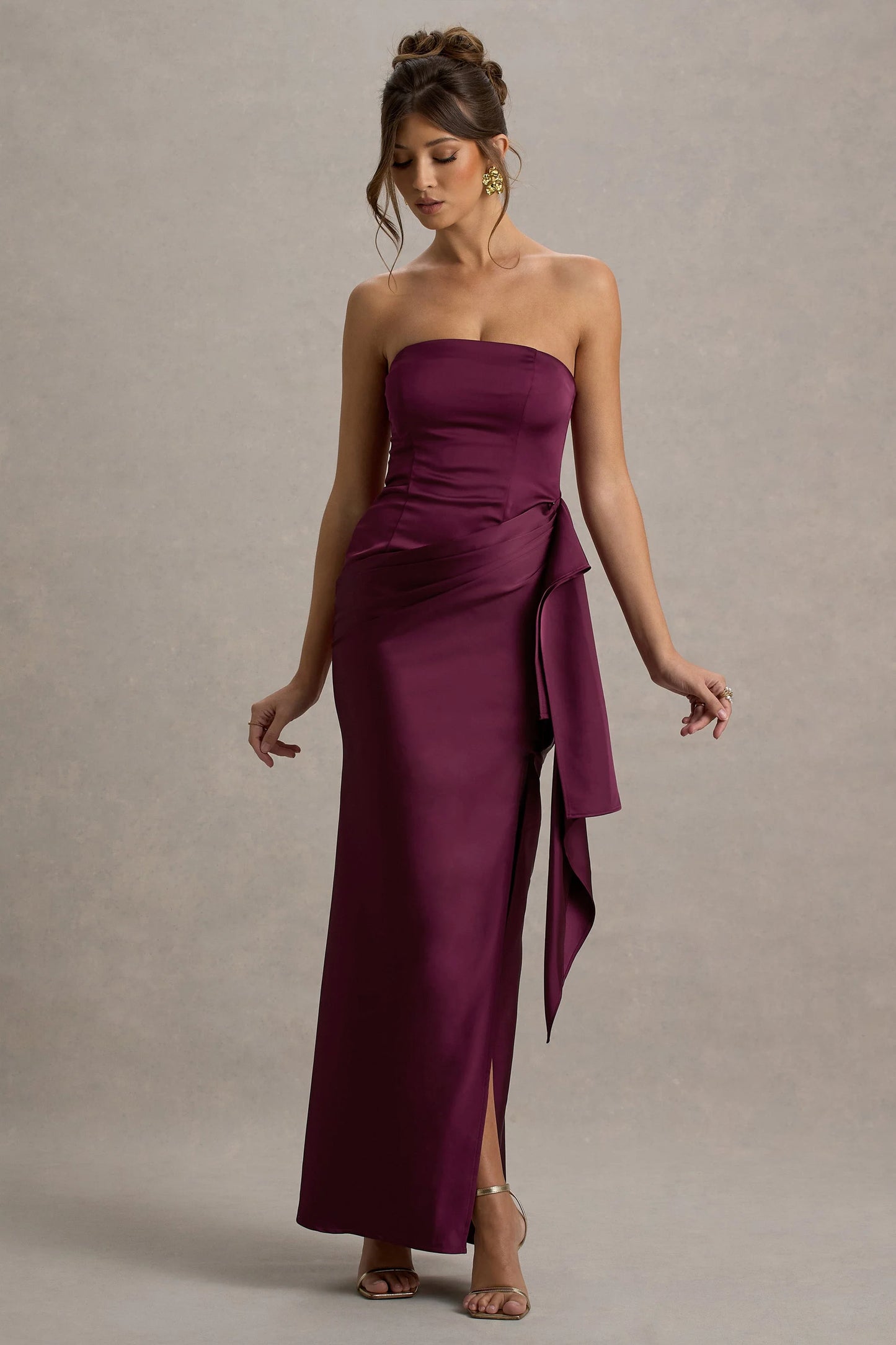 Loz Burgundy Satin Bandeau Draped Maxi Dress