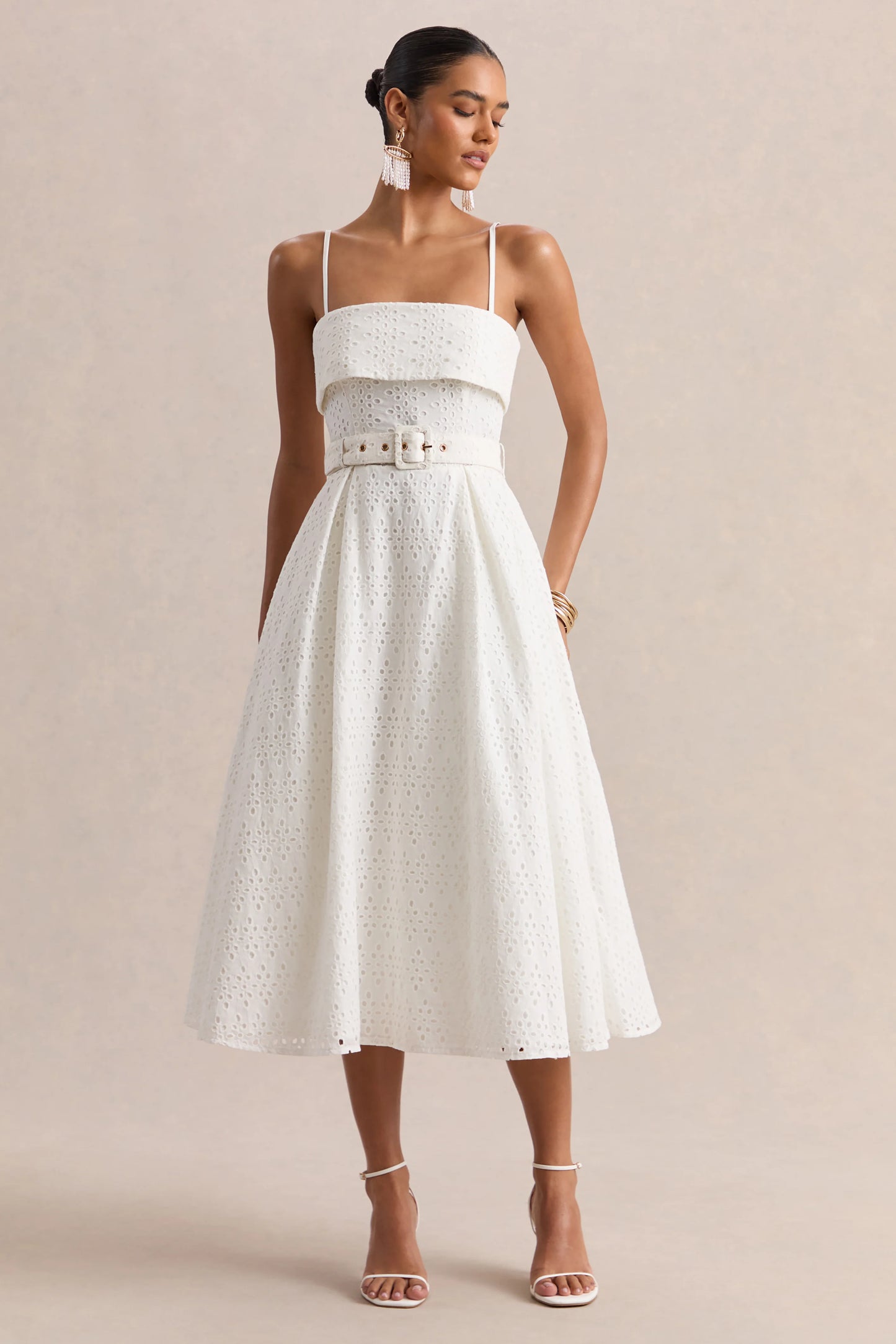 Zoeva Cream Broderie Square-Neck Belted Midi Dress