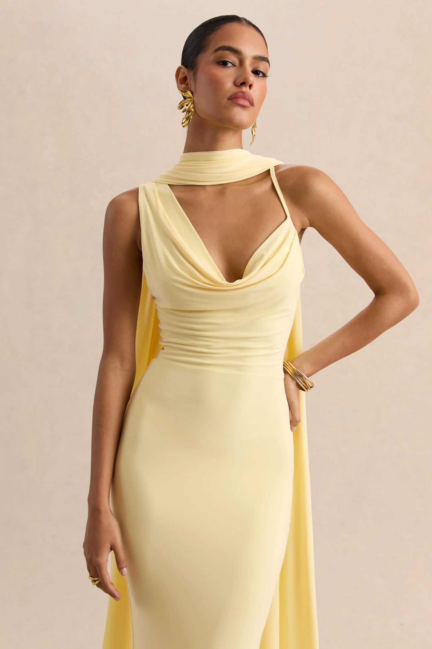 Armelia Lemon Cowl-Neck Maxi Dress With Scarf-Detail