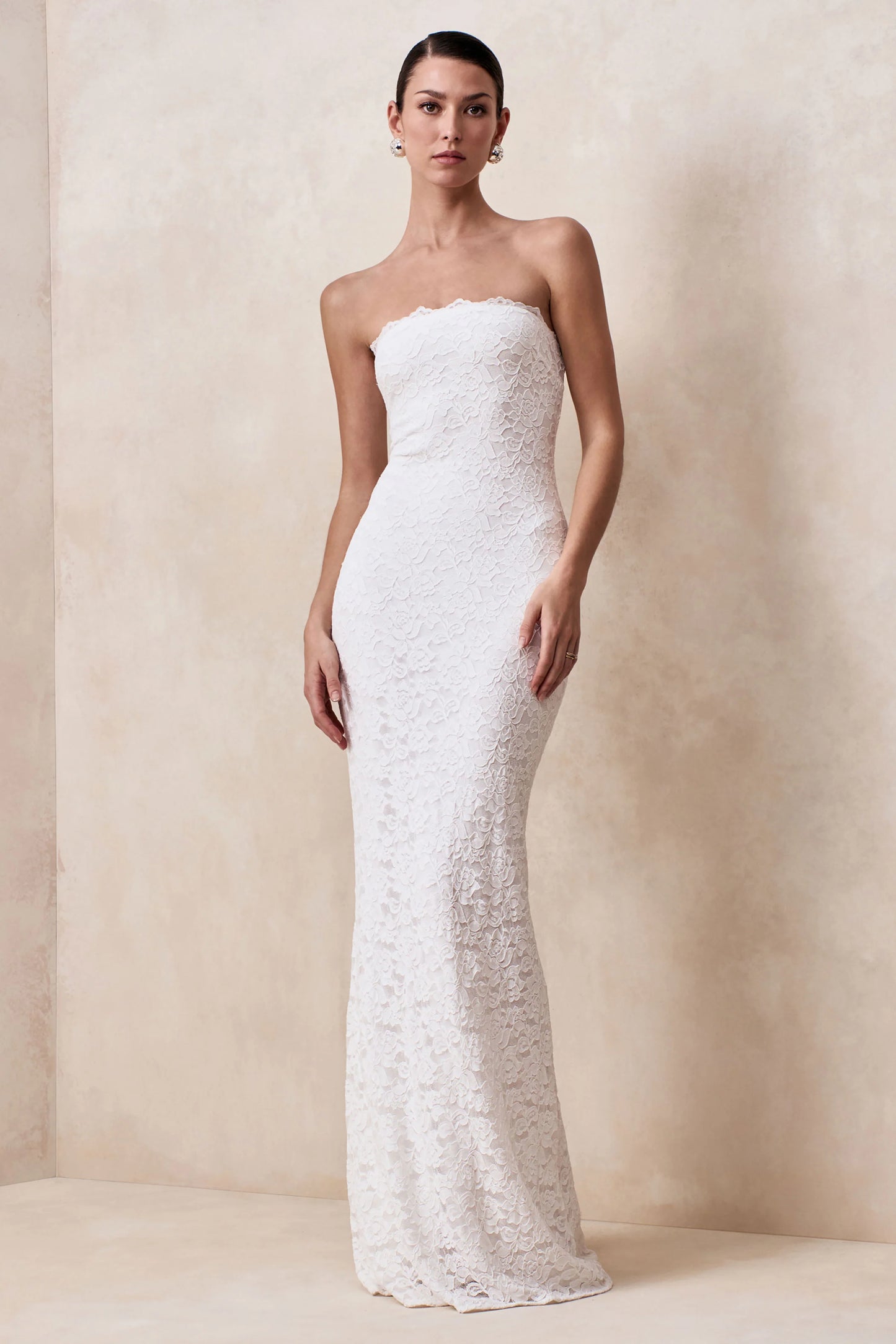 Massima White Lace Bandeau Maxi Dress With Scarf-Detail